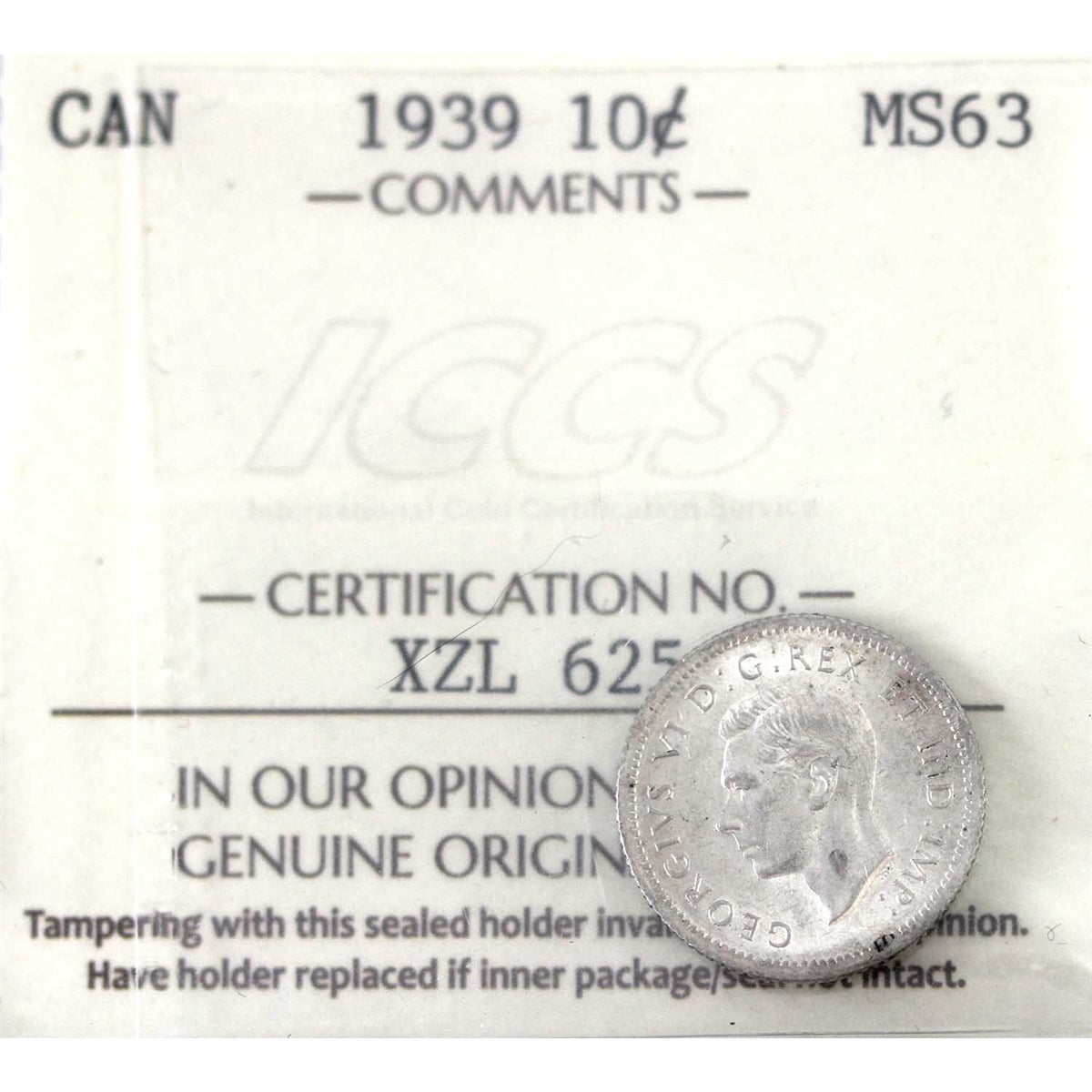1939 Canada 10-cents ICCS Certified MS-63