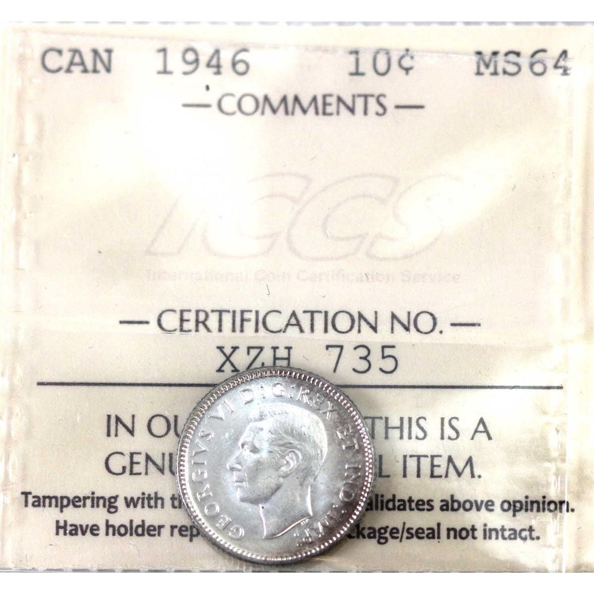 1946 Canada 10-cents ICCS Certified MS-64