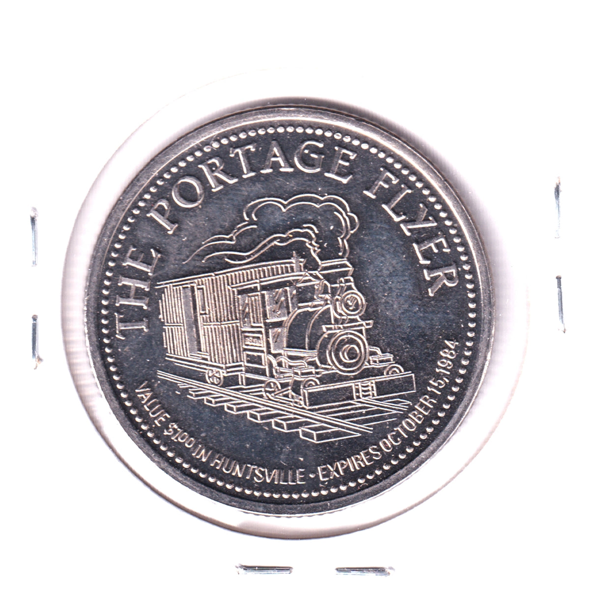 1984 Huntsville, Ontario, Trade Dollar Token: The Portage Flyer Locomotive