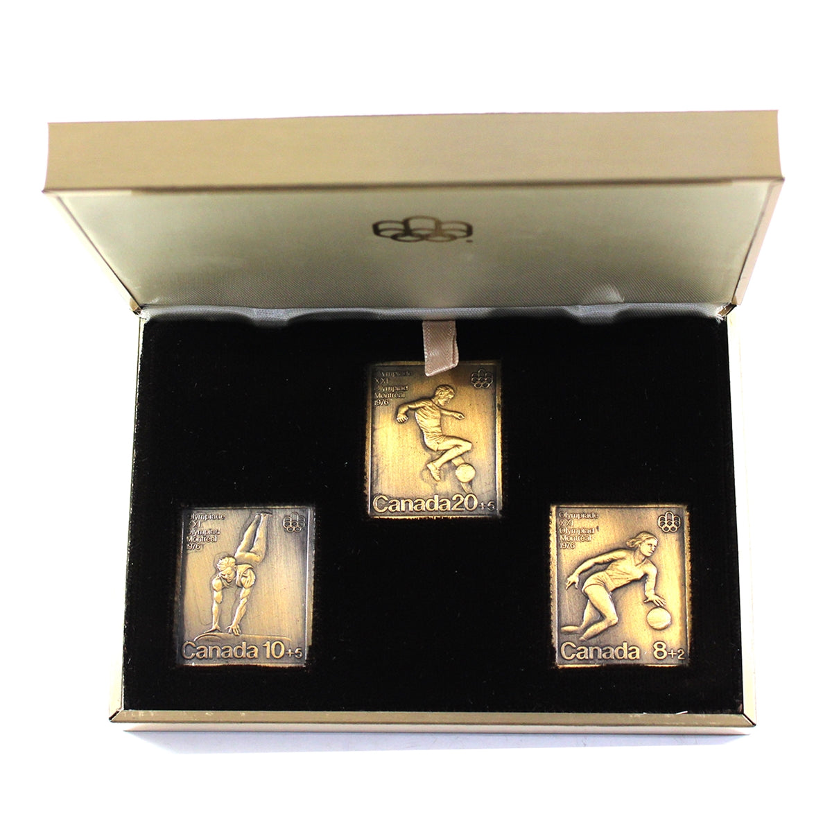 1976 Canada Montreal Olympic Team Sports and Gym Set of 3x Stamps & Bronze Replicas