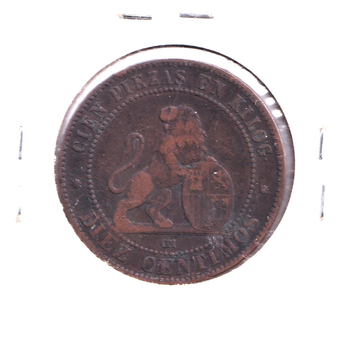 Spain 1870OM 10 Centimos, VF-EF (VF30) Scratched