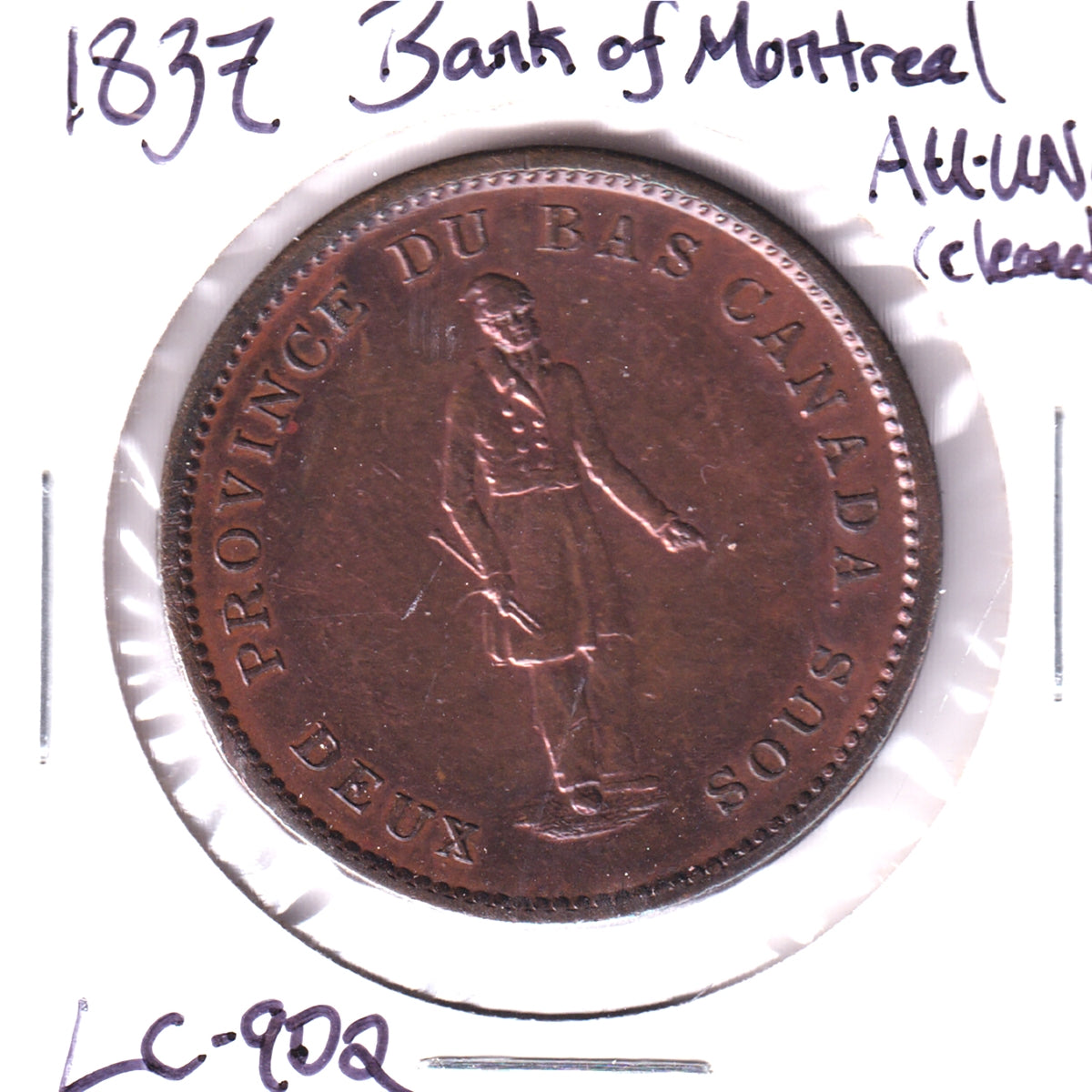 LC-9D2 1837 Lower Canada, Bank of Montreal Penny Token, AU-UNC (AU55) Cleaned