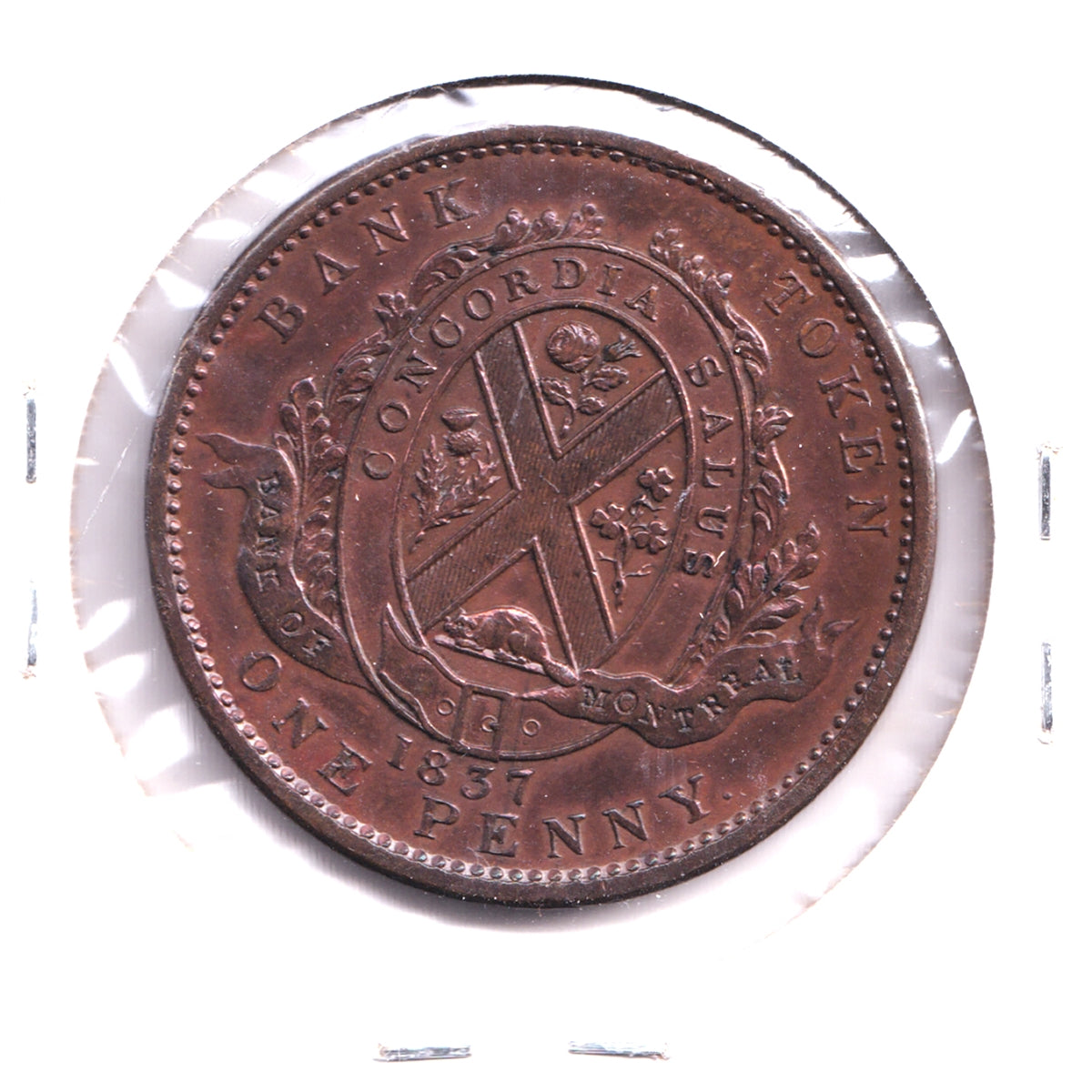 LC-9D2 1837 Lower Canada, Bank of Montreal Penny Token, AU-UNC (AU55) Cleaned