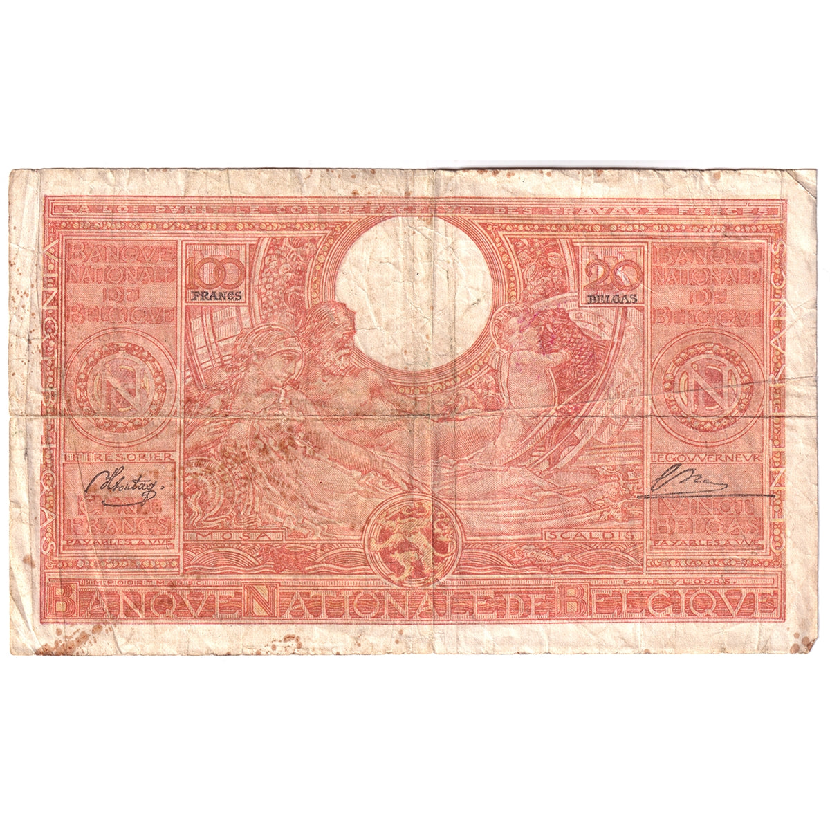 Belgium 1944 100 Francs - 20 Belgas Note, Pick #113, F-VF (Damaged)