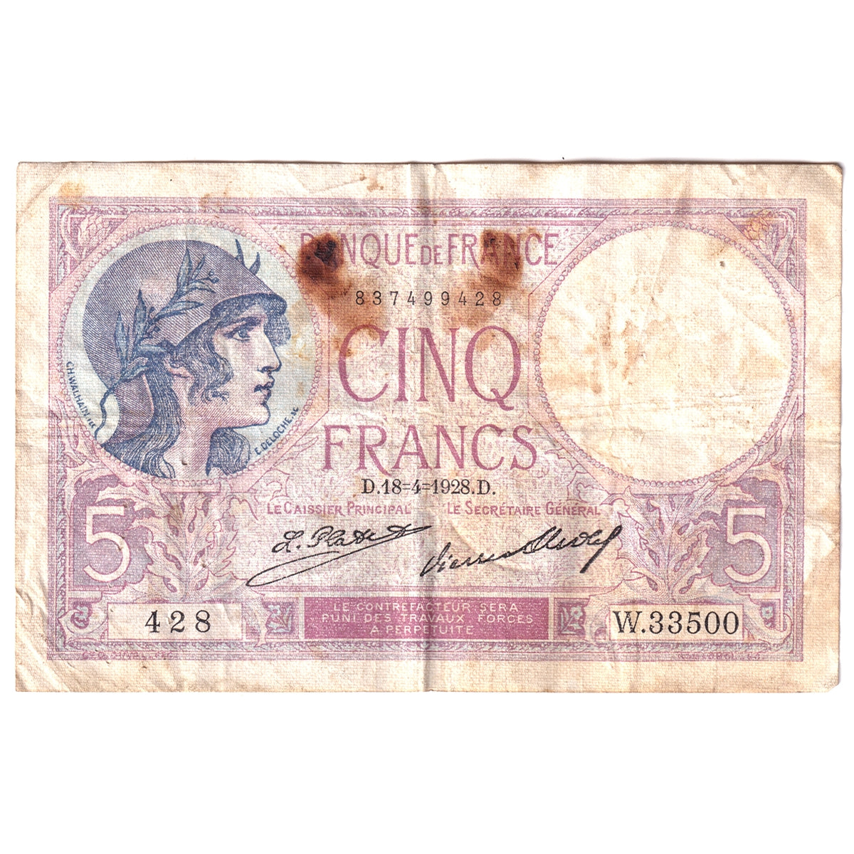 France 1928 5 Francs Note, Pick #72d, VF (Damaged)