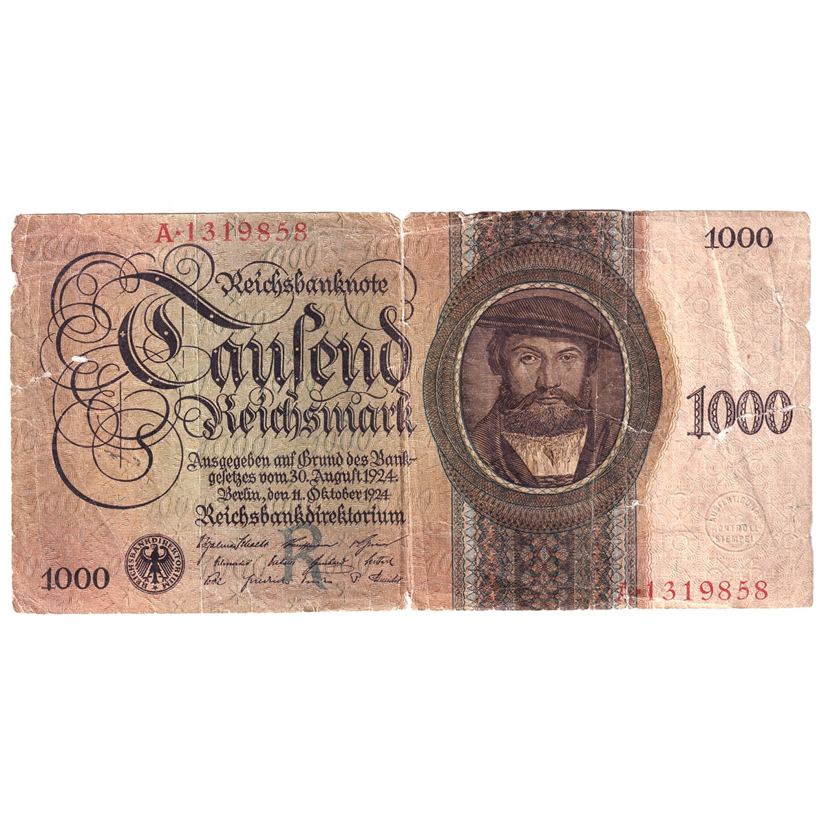 Germany 1924 1000 Reichsmark Note, Pick #179, VG (Tears)