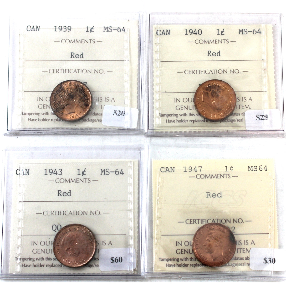 Lot of 4x 1939, 1940, 1943 & 1947 Canada 1-cents ICCS Certified MS-64 Red, 4Pcs