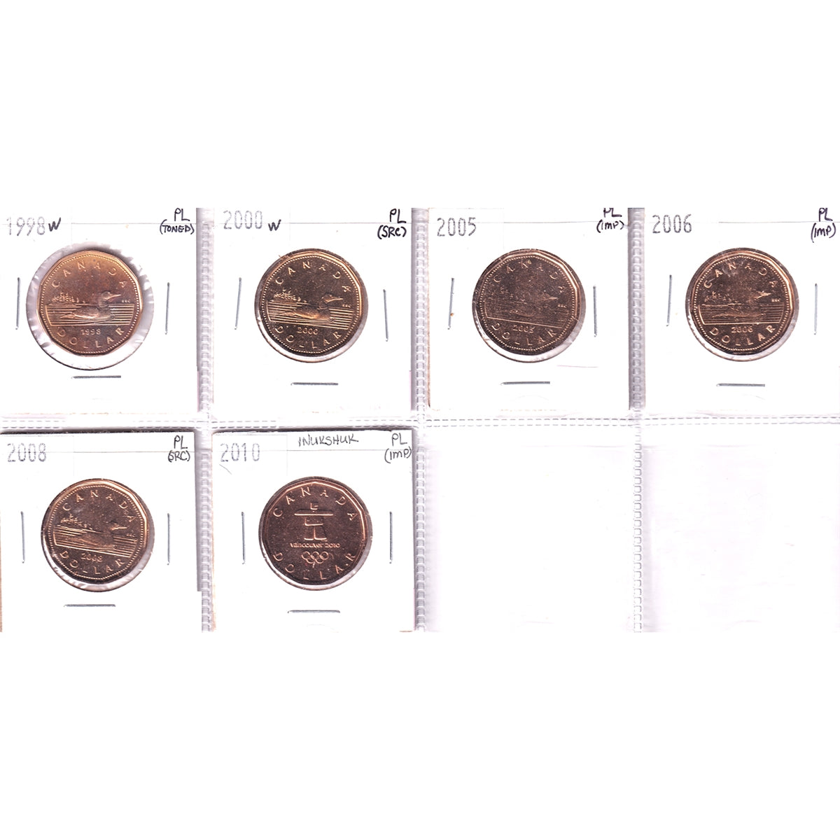 Lot of 6x 1998-2010 Canada Dollars Proof Like, 6Pcs (Scratched, toned, or impaired)