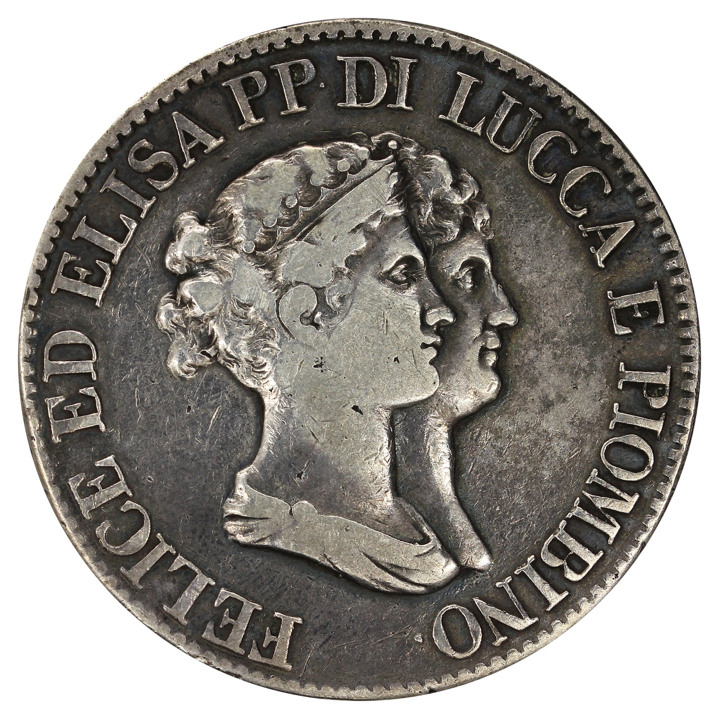 Italian States 1807 Lucca & Piombino Elisa Bonaparte 5 Franchi Very Fine (VF20)