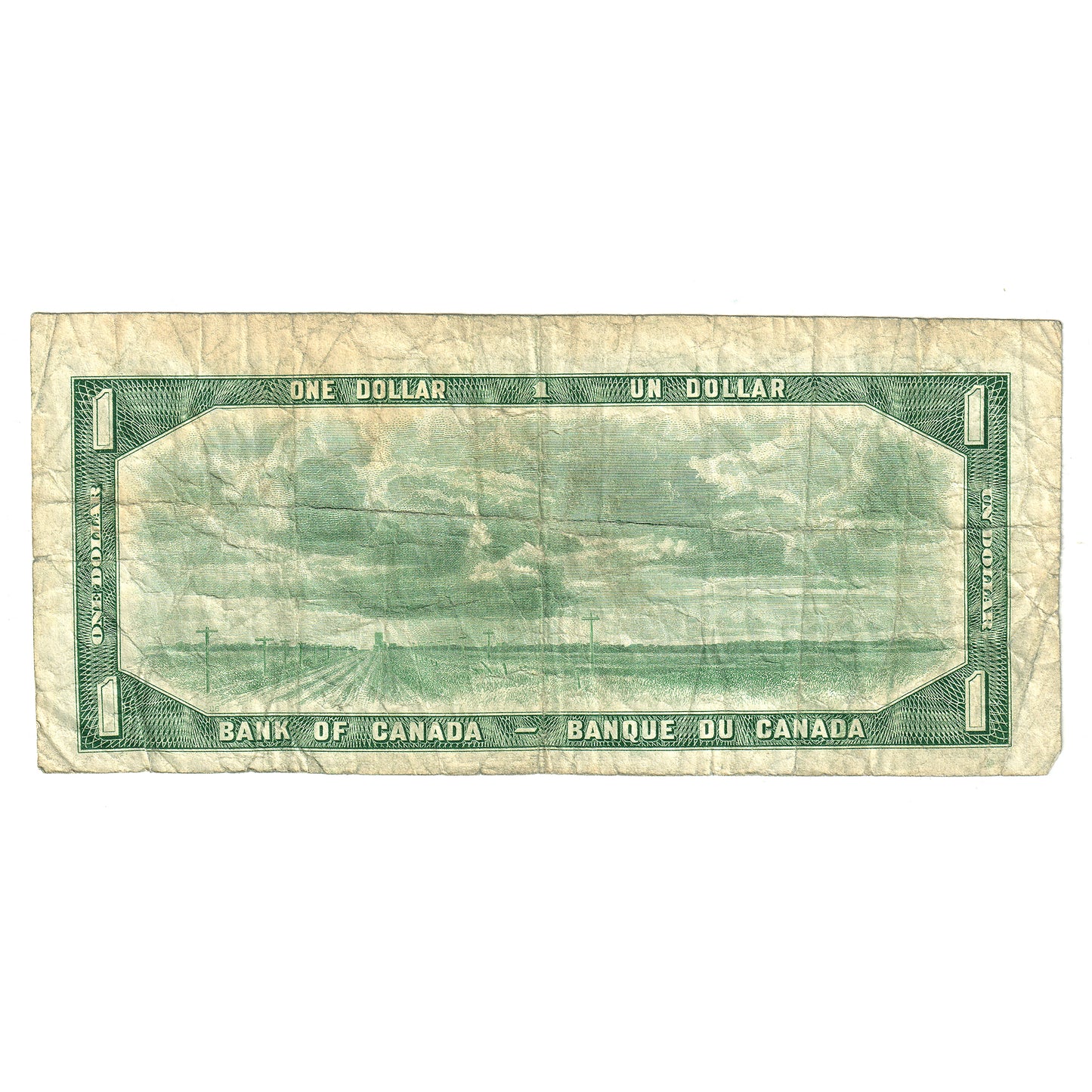 ERROR BC-37b-E25-i 1954 Canada $1 Beattie-Rasminsky, Cut out of Register, R/Y, Circulated
