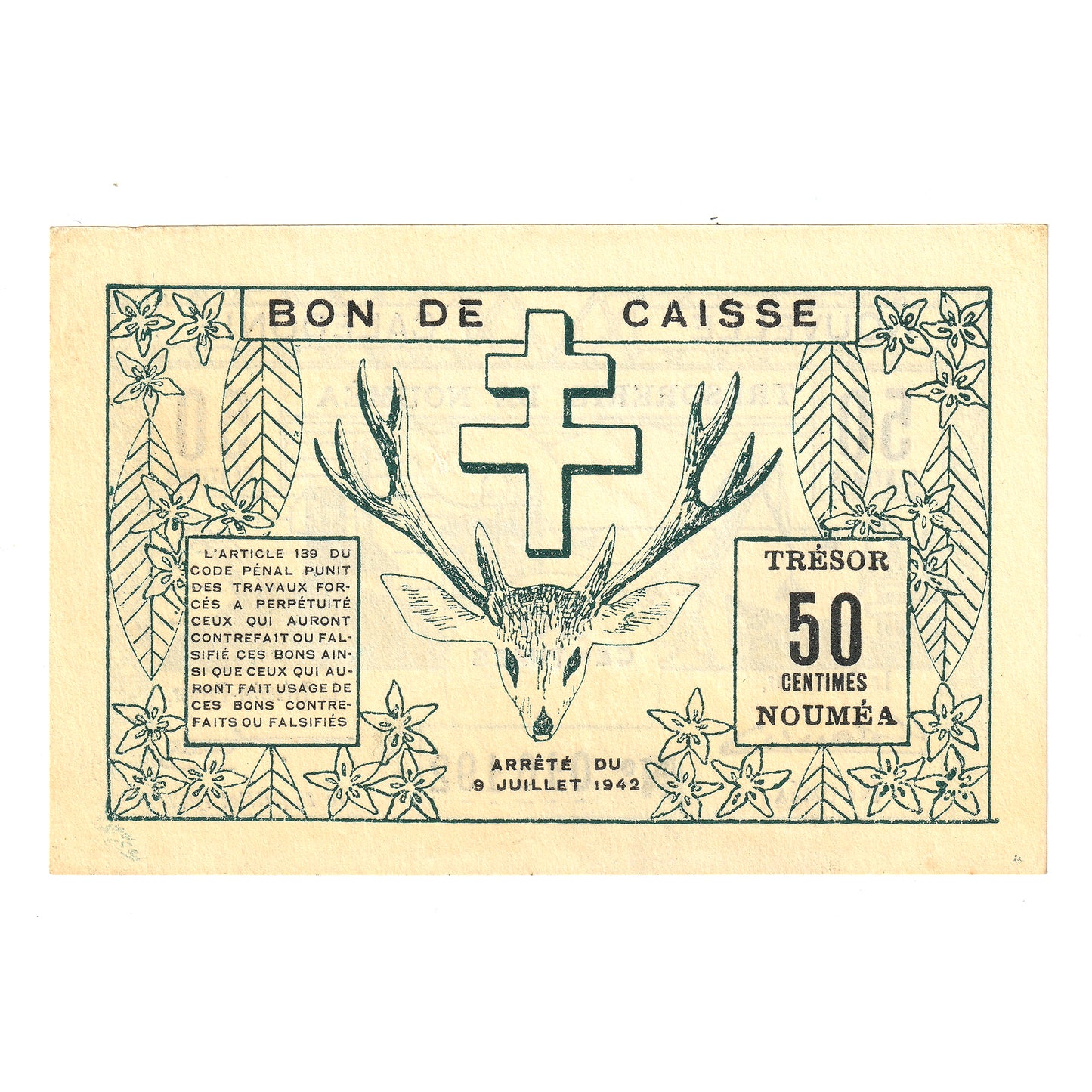 New Caledonia 1942 50 Centime Note, Pick #51, UNC