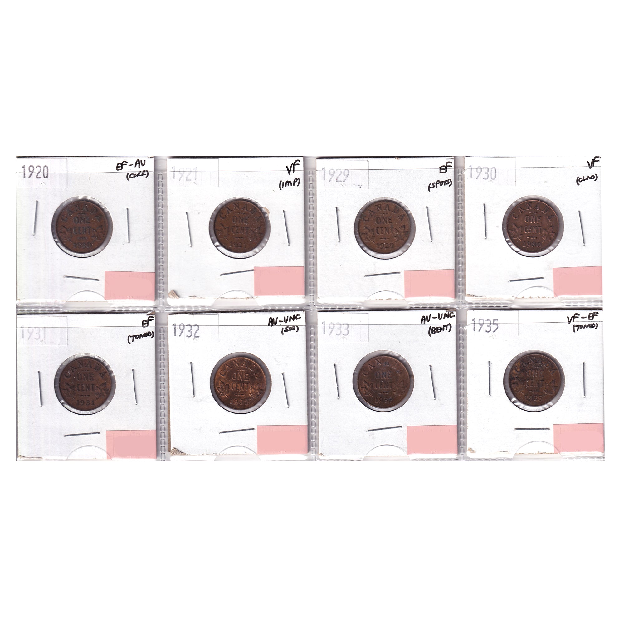 Group Lot of 8x 1920-1935 Canada 1-cent VF to AU-UNC, 8pcs