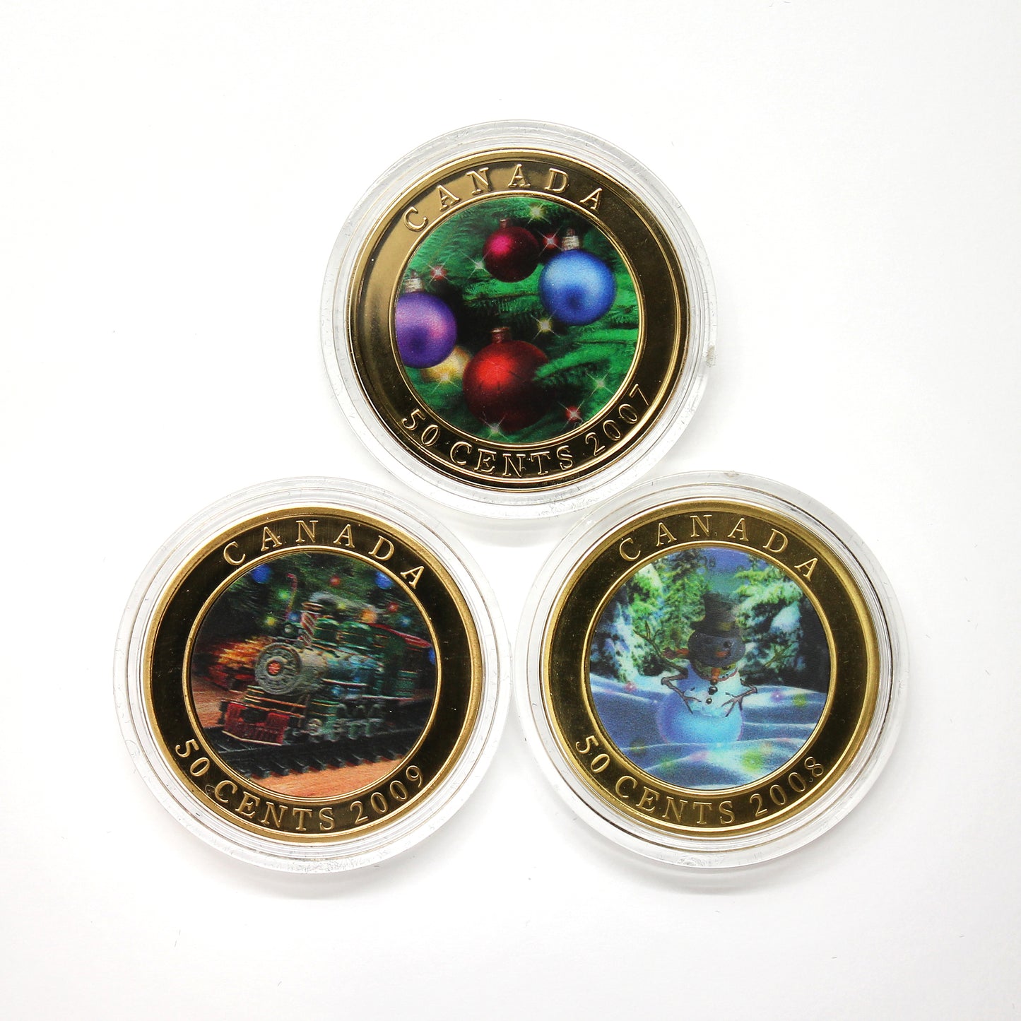 Lot of 3x 2007-2009 Canada 50-cent Holiday Lenticular Coins, 3pcs (Writing on Sleeves)
