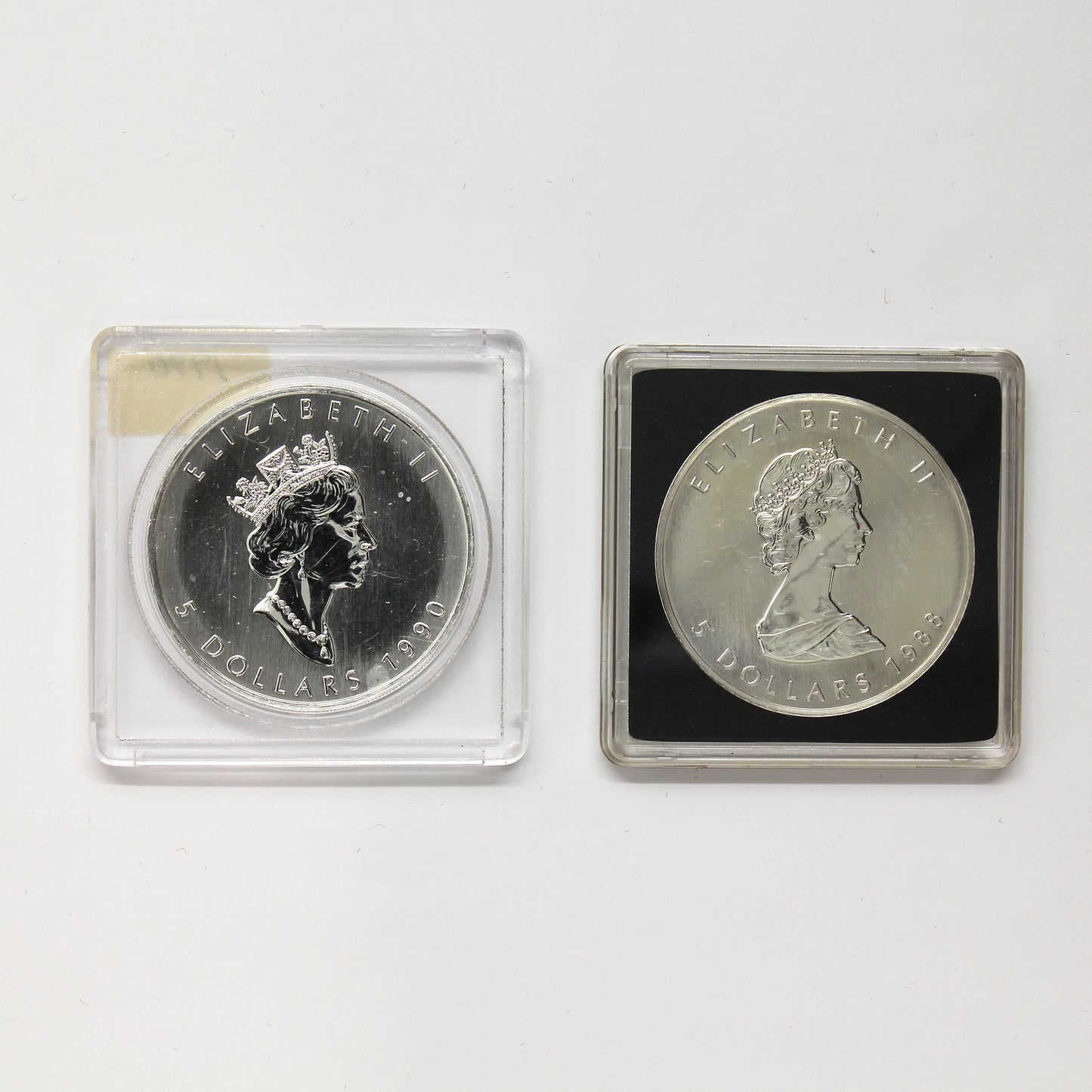 Pair of 1988 & 1990 Canada $5 Silver Maple Leaf 1oz. .999 Silver, 2pcs (No Tax)