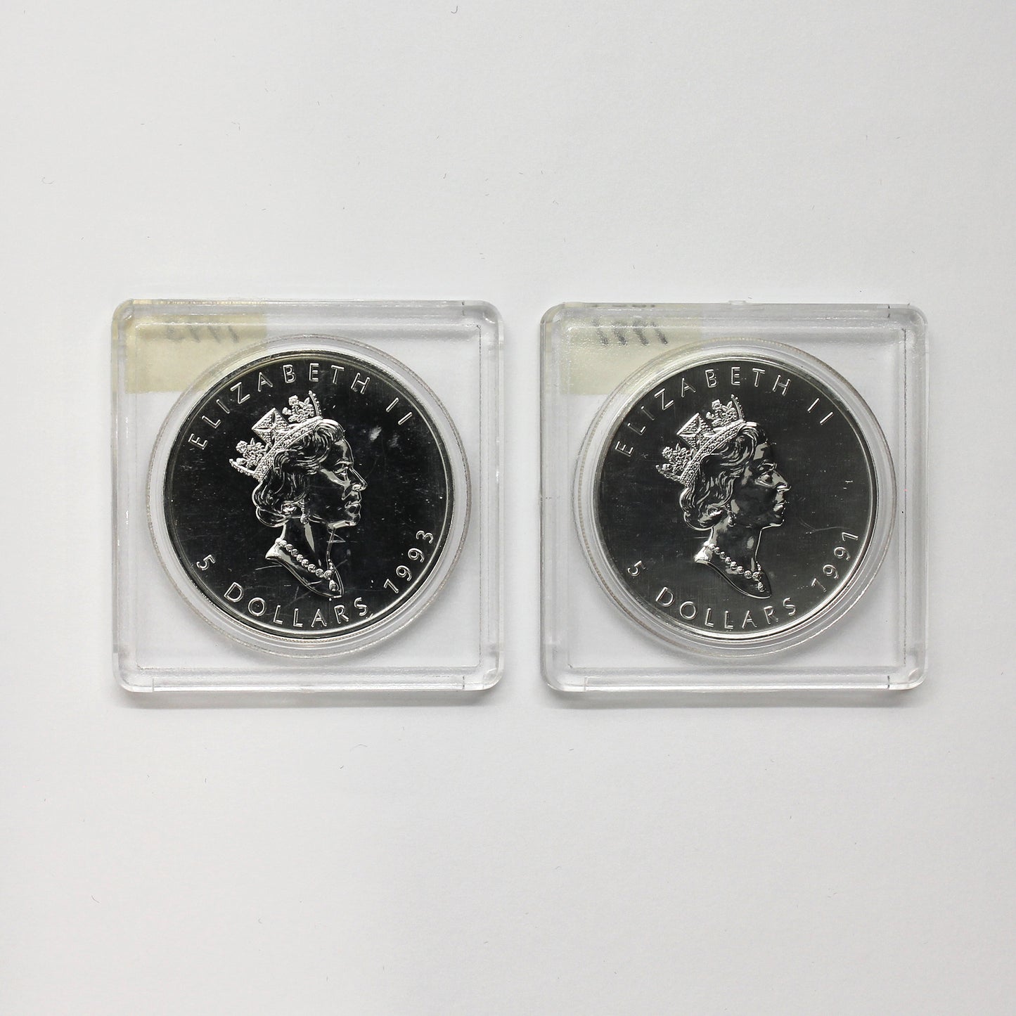 Pair of 1991 & 1993 Canada $5 Silver Maple Leaf 1oz. .999 Silver, 2pcs (No Tax)