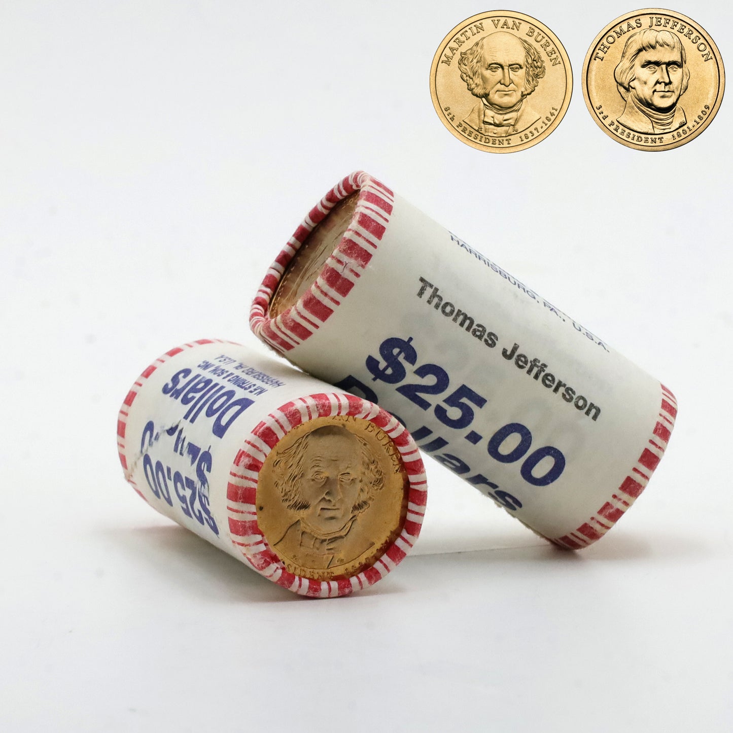 Pair of US Presidential Dollar 25pc Rolls: Van Buren & Jefferson, 2pcs