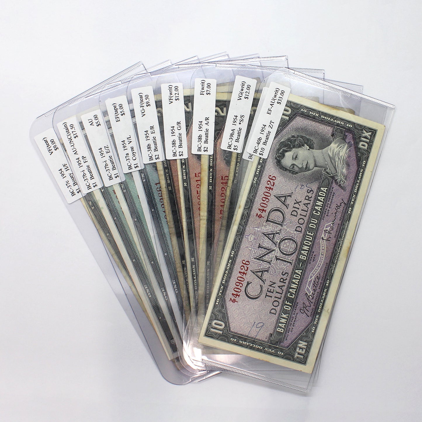 Lot of 10x 1954 Canada Notes, $35 Face Value, VG to AU-UNC, 10pcs