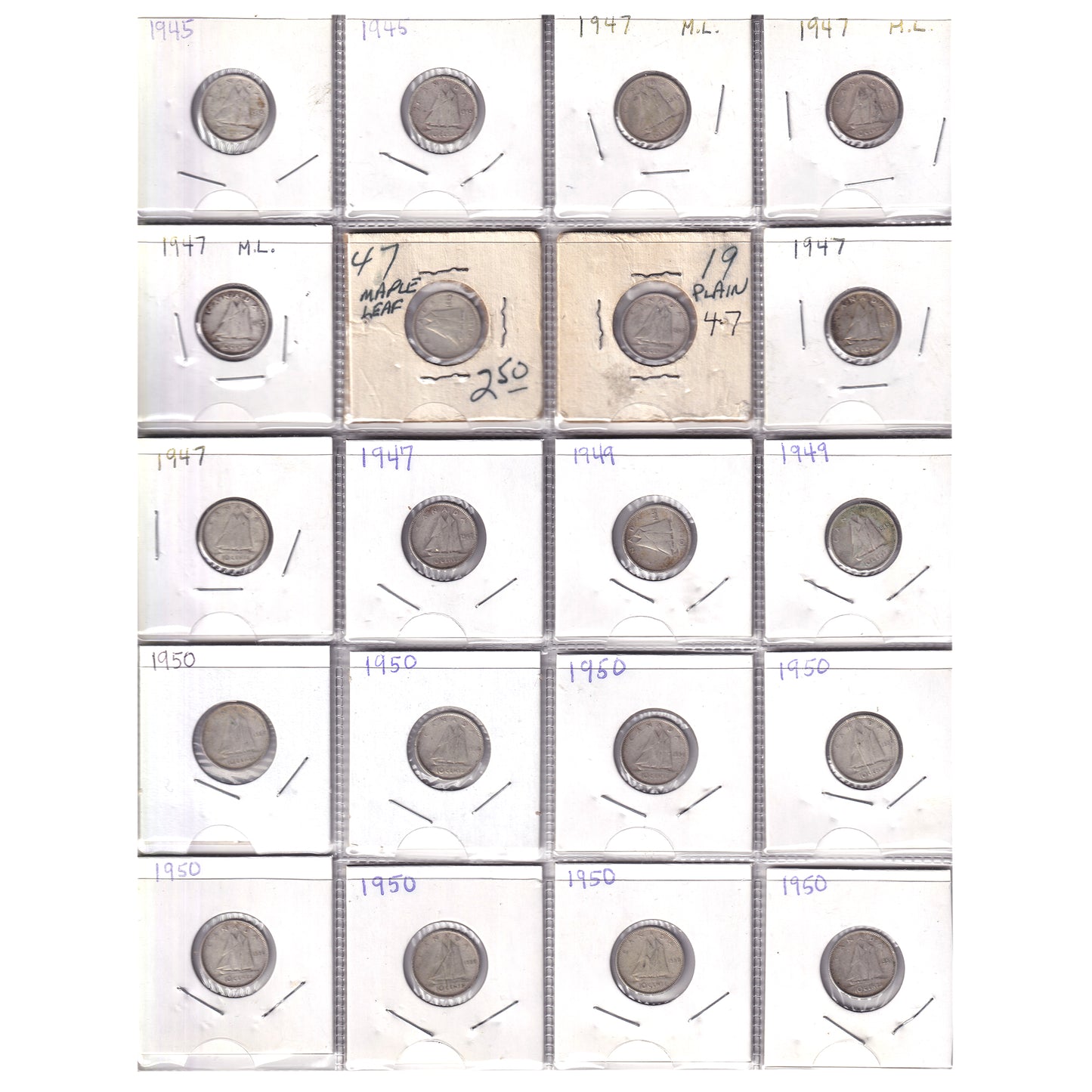 Group Lot of 60x 1937-1950 Canada 10-cents, Circulated Quality, 60pcs