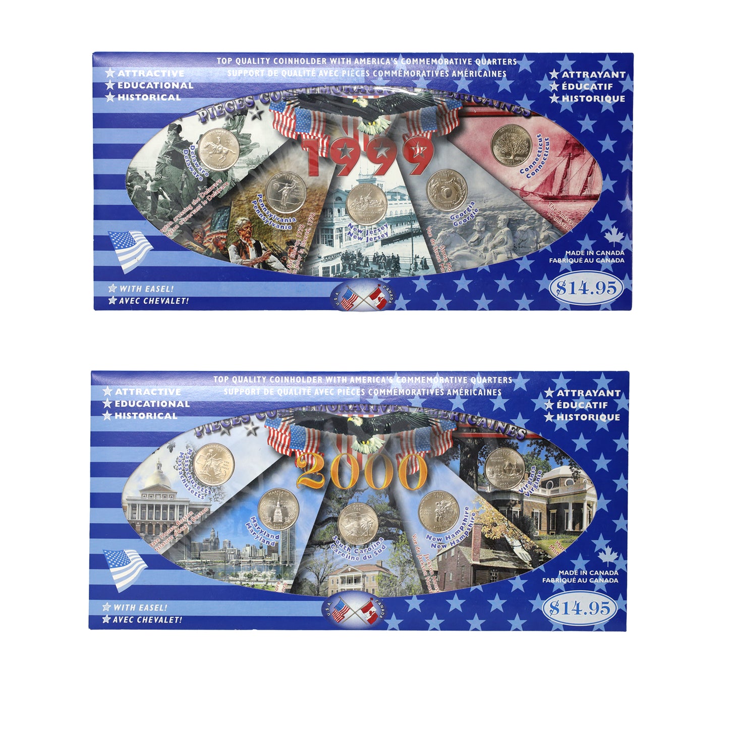 Pair of 1999 & 2000 USA 50 State Quarters in America-Themed Board, 2pcs