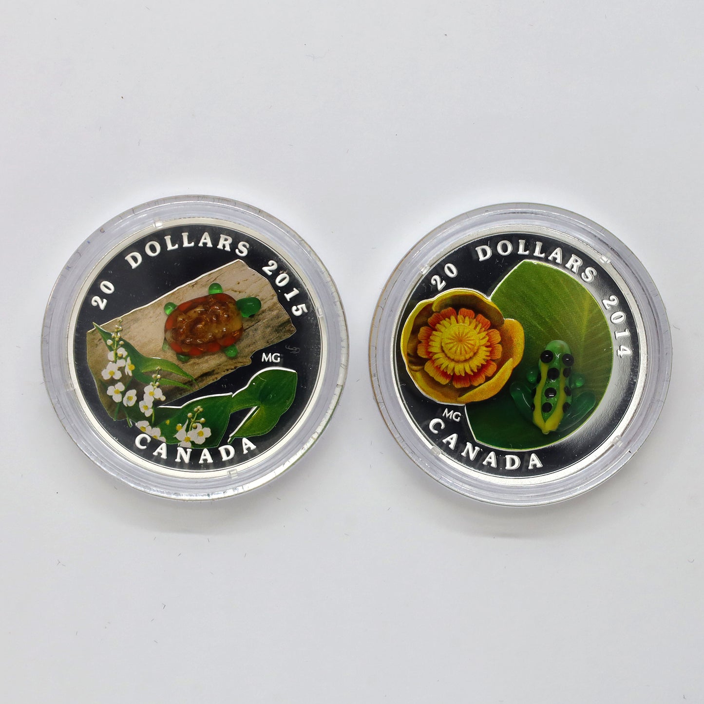 Pair of 2014-2015 Canada $20 Venetian Glass Fine Silver Coins, 2pcs (Issues)