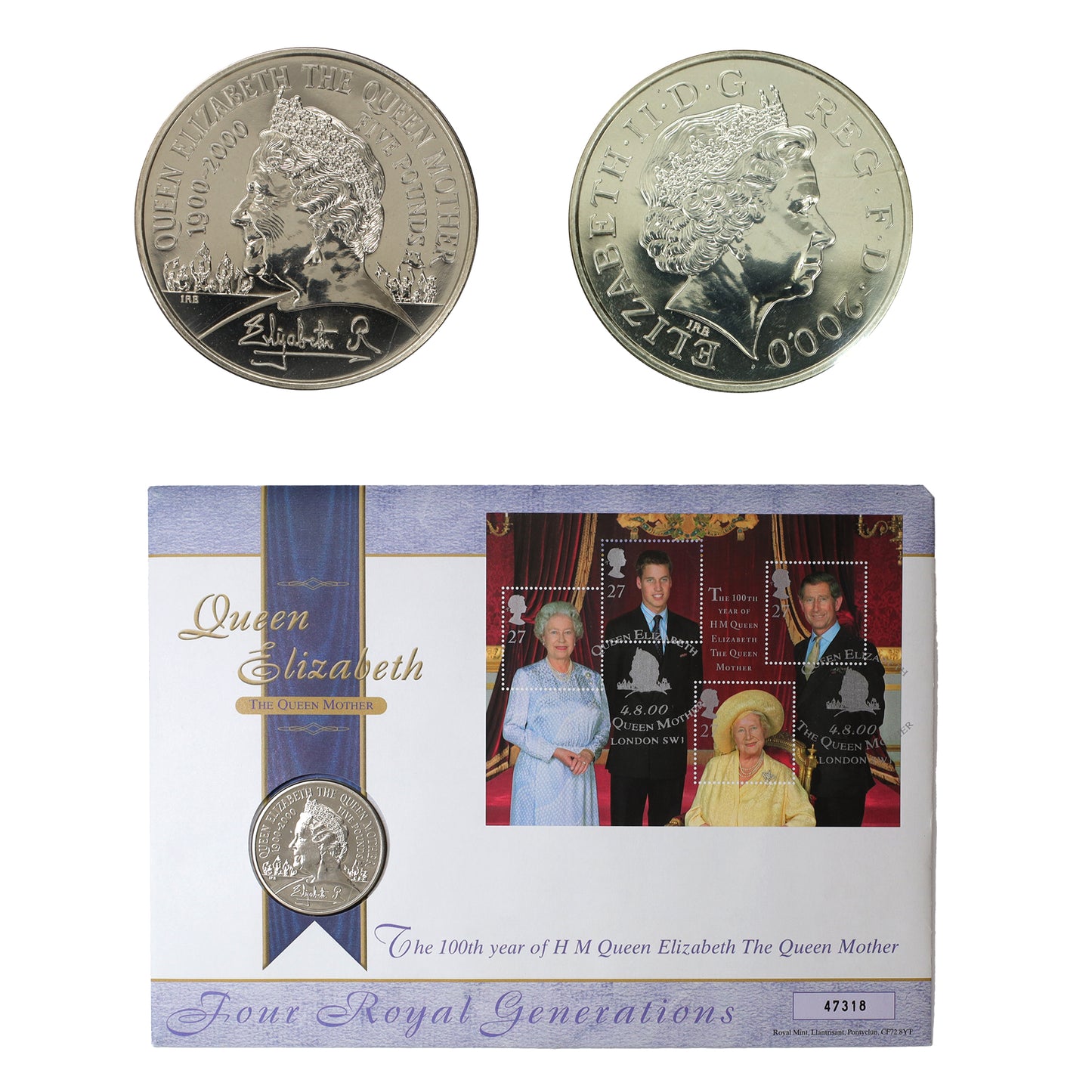 United Kingdom 2000 Elizabeth Queen Mother First Day Cover 5 Pound Coin & Stamp