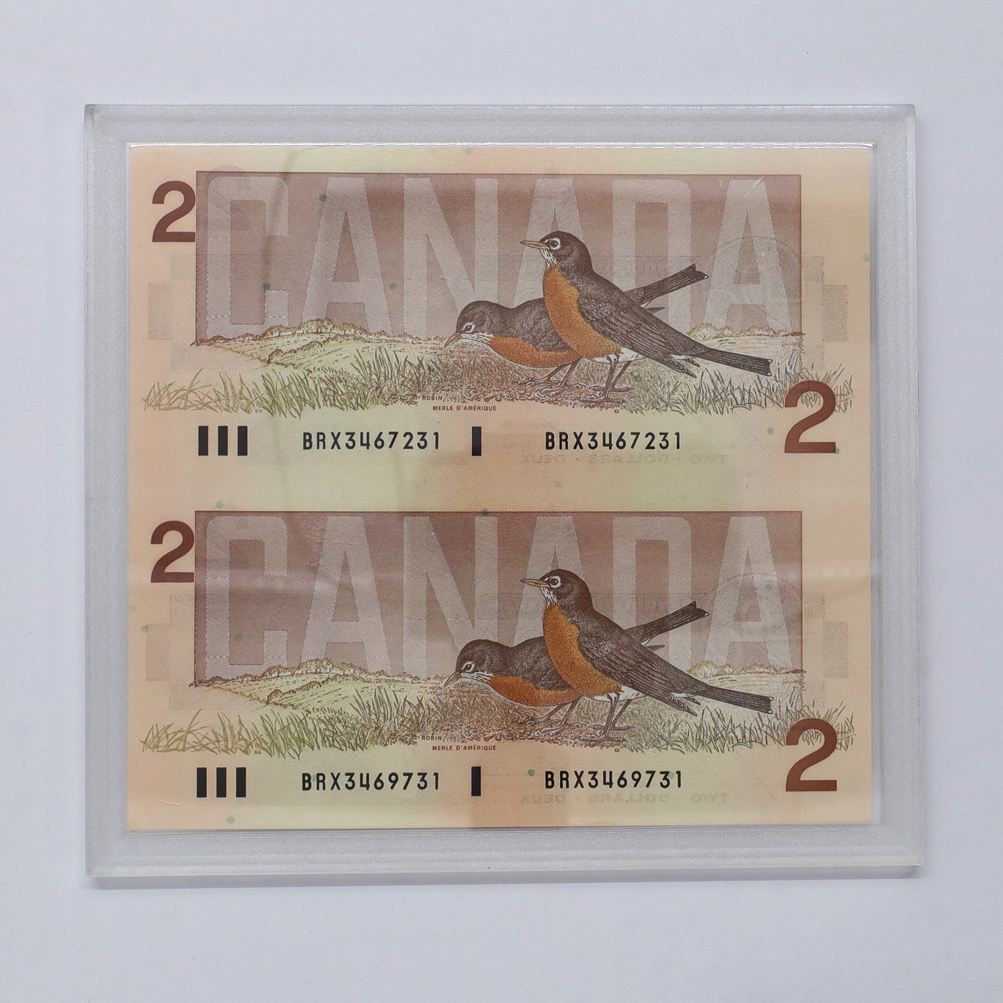 1986 $2 Replacement Uncut Sheet of 2 Notes, Bonin-Thiessen, BRX, in Case