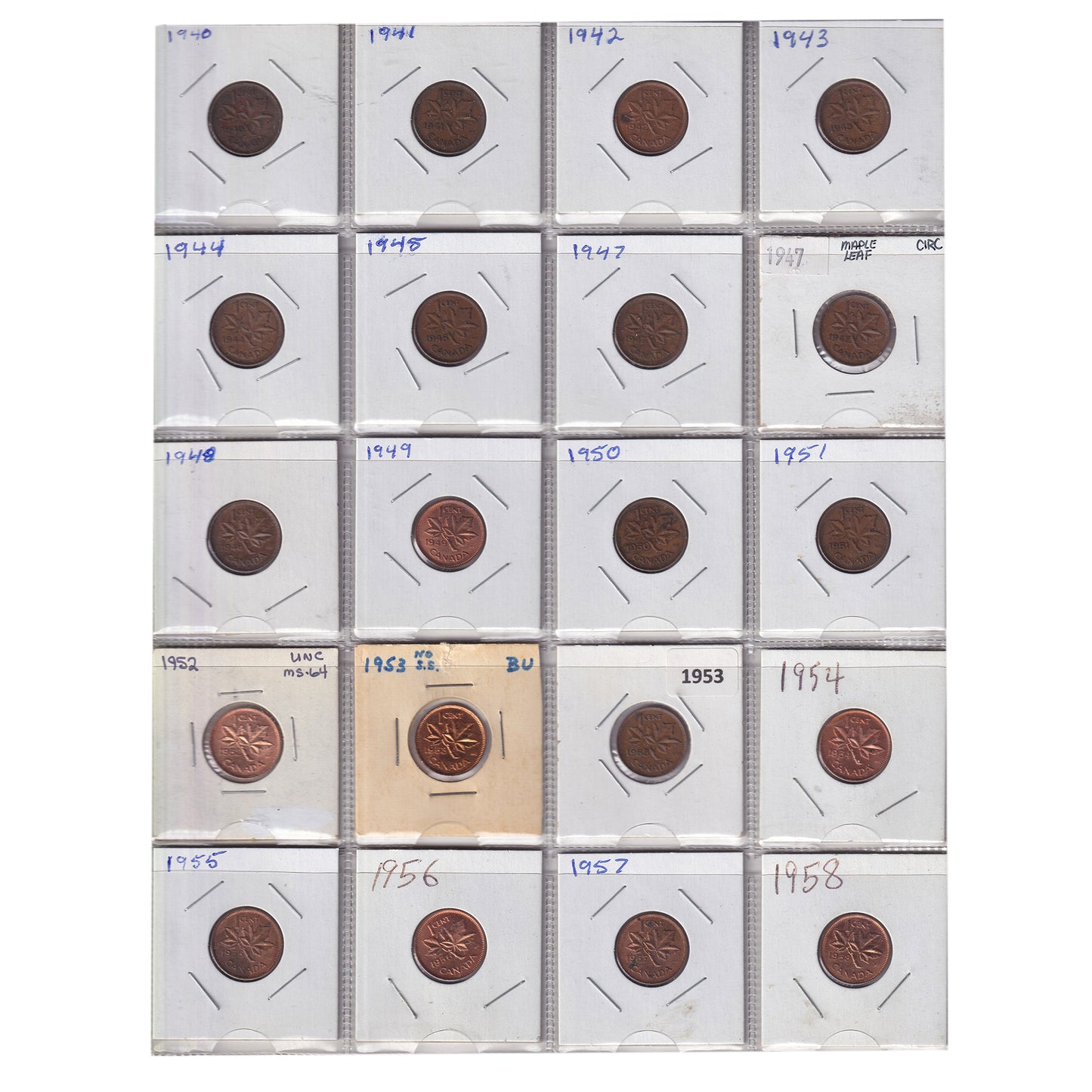 Group Lot of 59x 1920-1975 Canada 1-cents, 59pcs