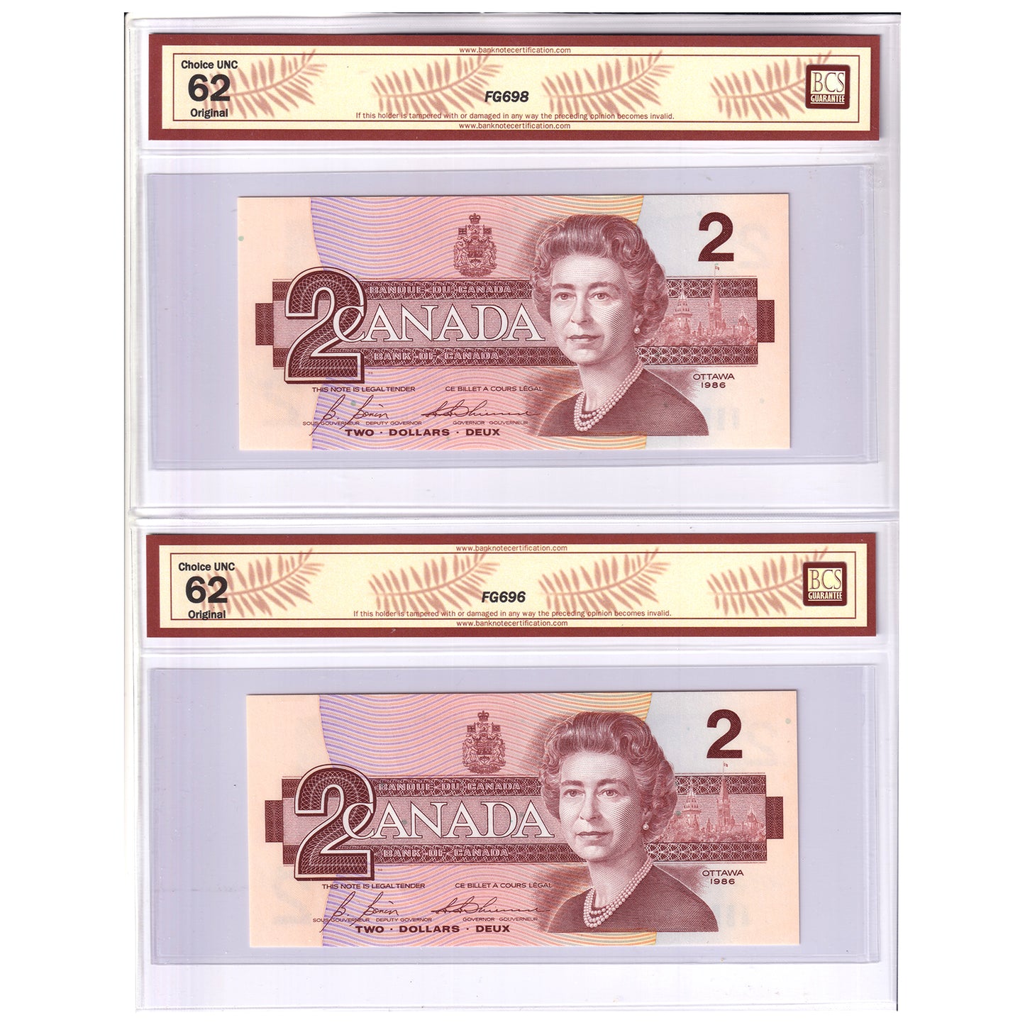 Pair of BC-55cA-i 1986 Canada $2 Notes, B-T, Replacement, EBX, BCS Cert. UNC62, 2pcs