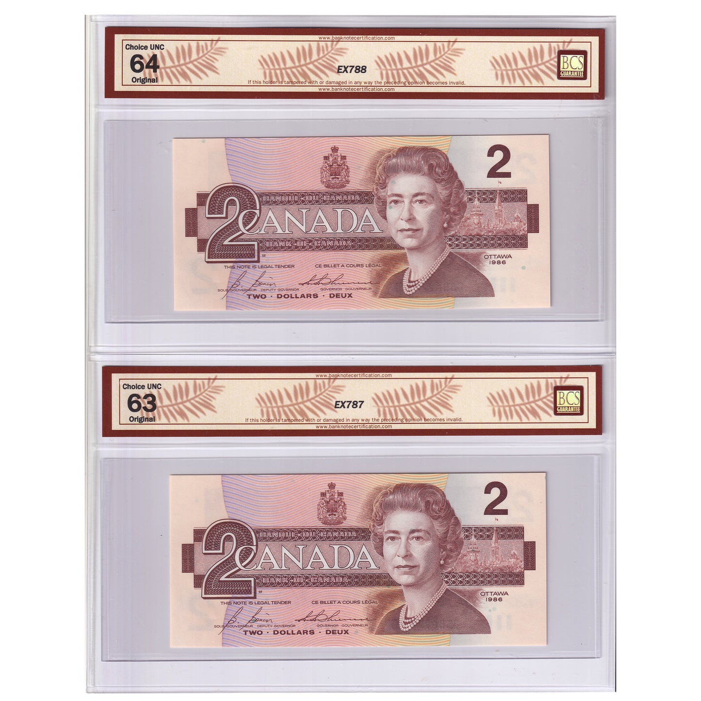 Pair of BC-55c 1986 Canada $2 Notes, B-T, Changeover, CBH, BCS Cert. CUNC63 & 64, 2pcs