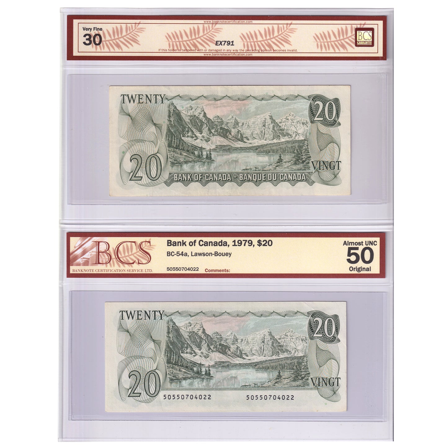 Pair of 1969-1979 Canada $20 Notes, Lawson-Bouey, BCS Certified VF30 & AU50, 2pcs