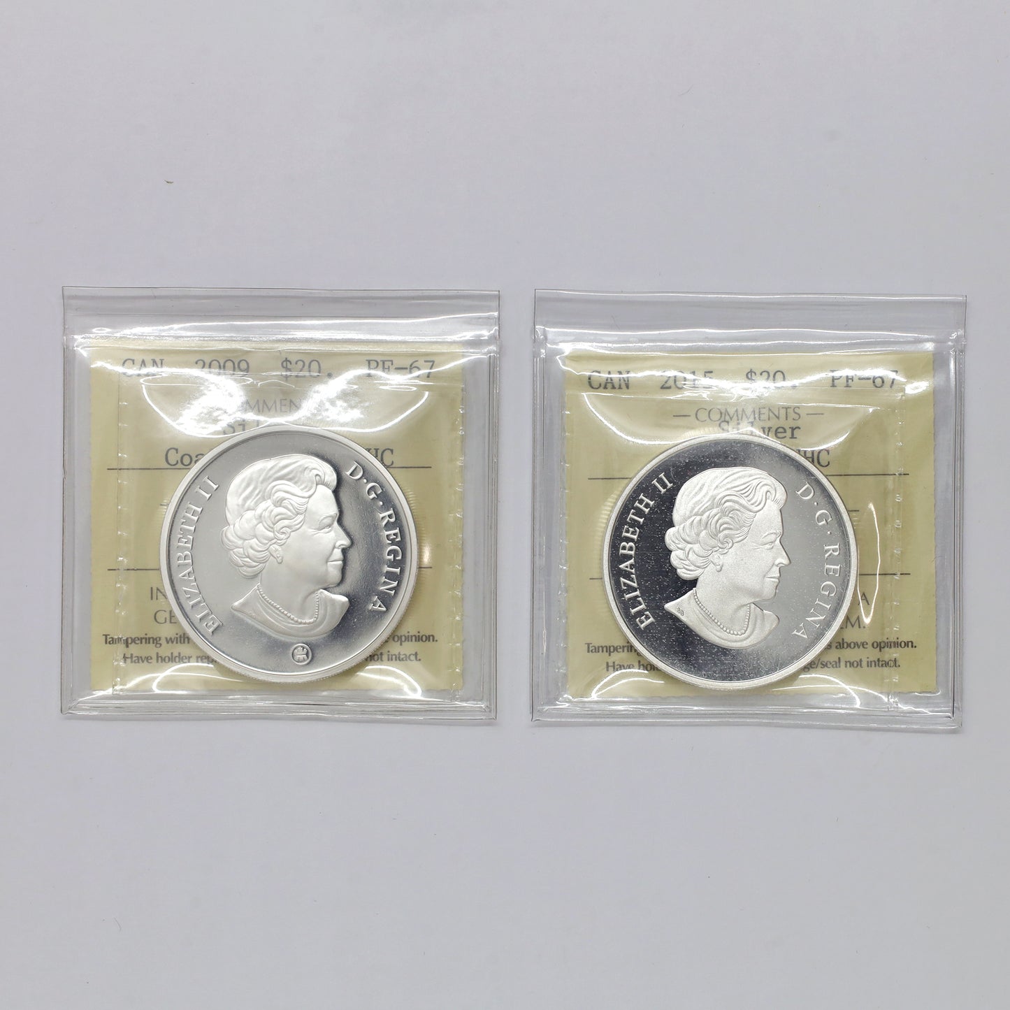 Pair of 2009 & 2015 Canada $20 1ozt .9999 Silver Coins ICCS Cert. PF67 UHC, 2pcs (No Tax)