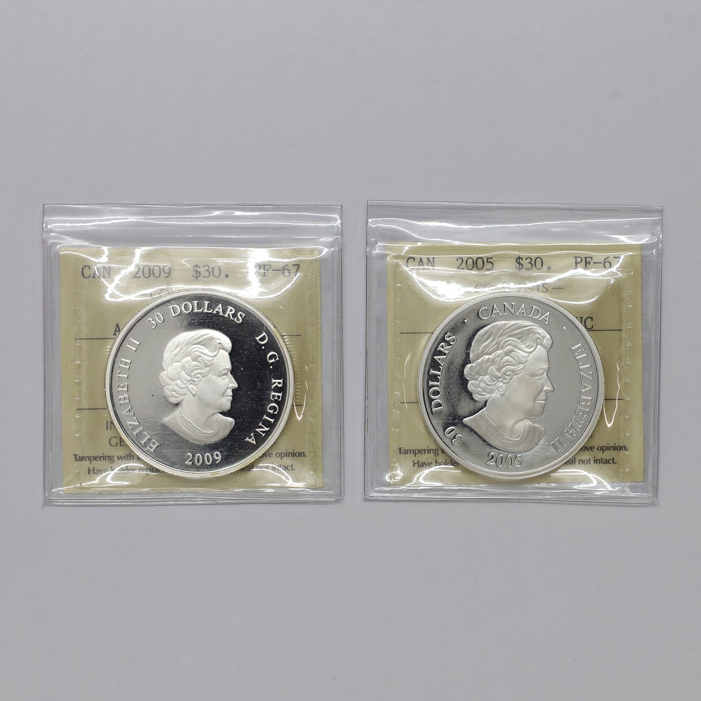Pair of 2005 & 2009 Canada $30 RCM Proof Sterling Coins ICCS Cert. PF67 UHC, 2pcs (toned)