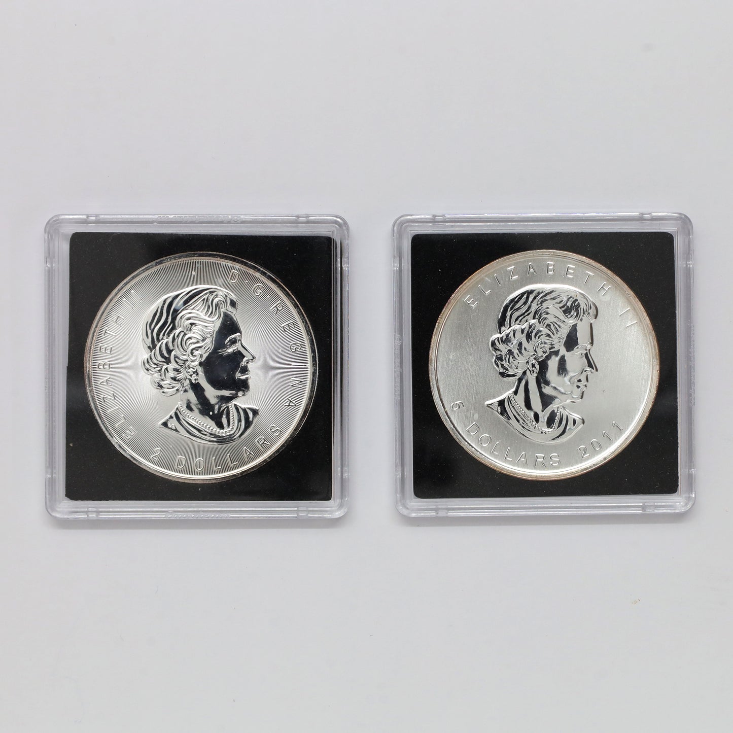 Pair of 2011 & 2016 Canada $2 & $5 Fine Silver Wolf Coins, 2pcs (No Tax) scr. caps