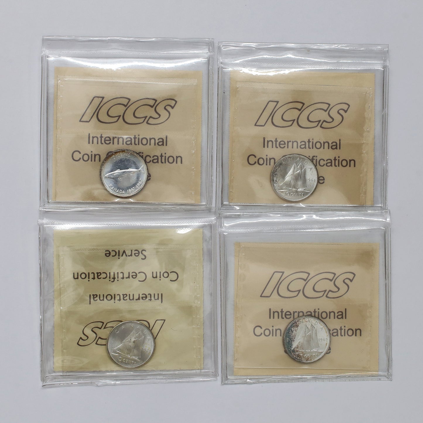 Lot of 4x 1964-1967 Canada 10-cents ICCS Certified MS65, 4pcs