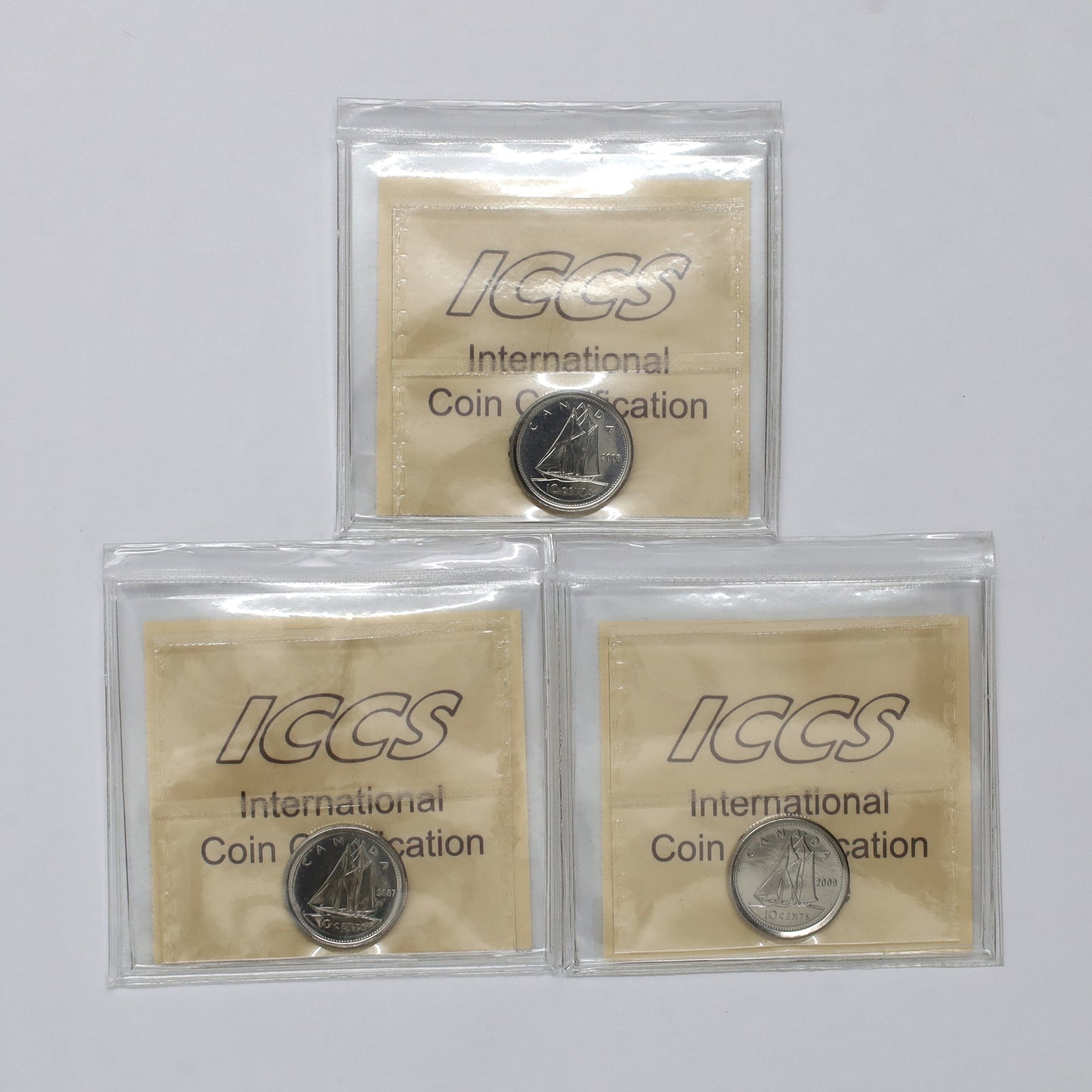Lot of 3x 2007-2009 Canada 10-cents ICCS Certified MS66, 3pcs