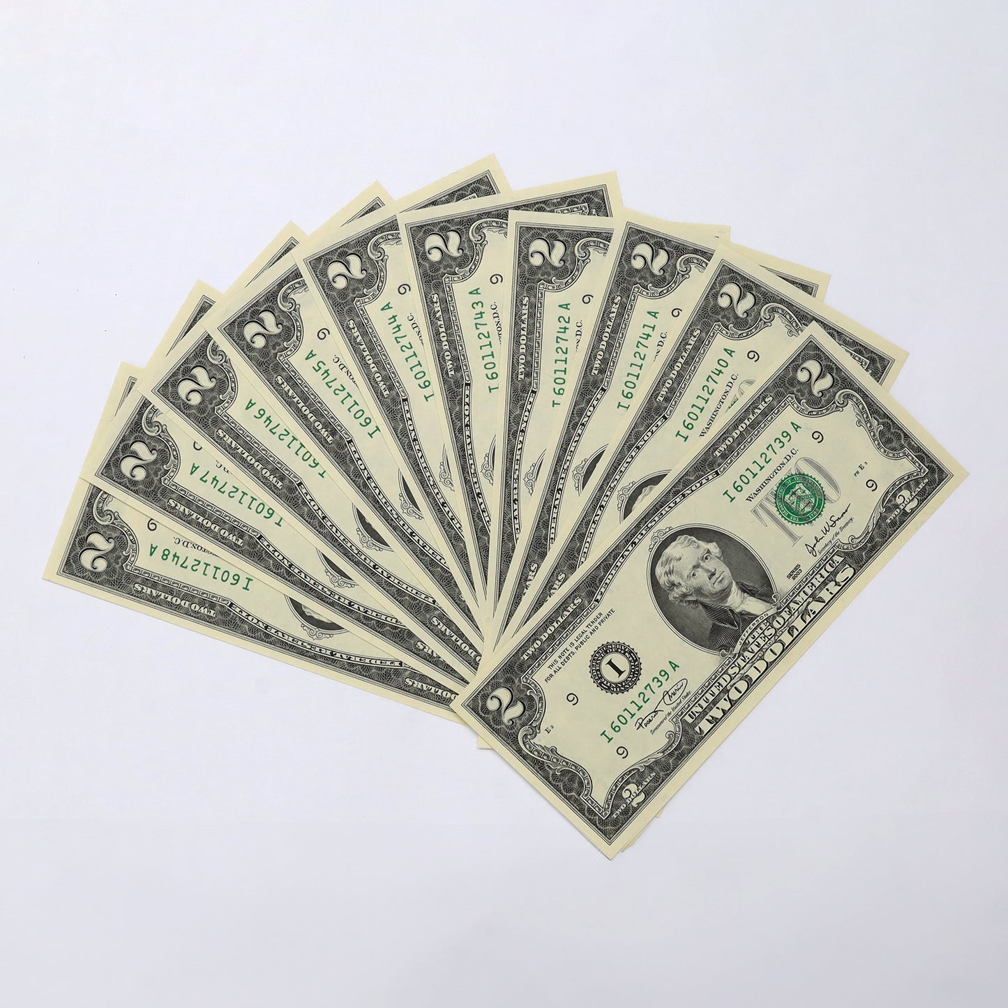 Lot of 10x Sequential 2003 USA $2 Banknotes, 10pcs