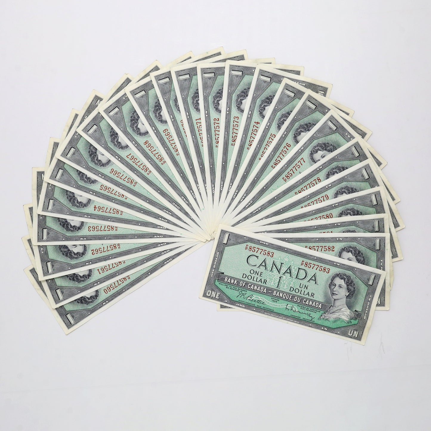 Lot of 24x Sequential 1954 Canada $1 Beattie-Rasminsky Banknotes, AU-UNC, 24pcs