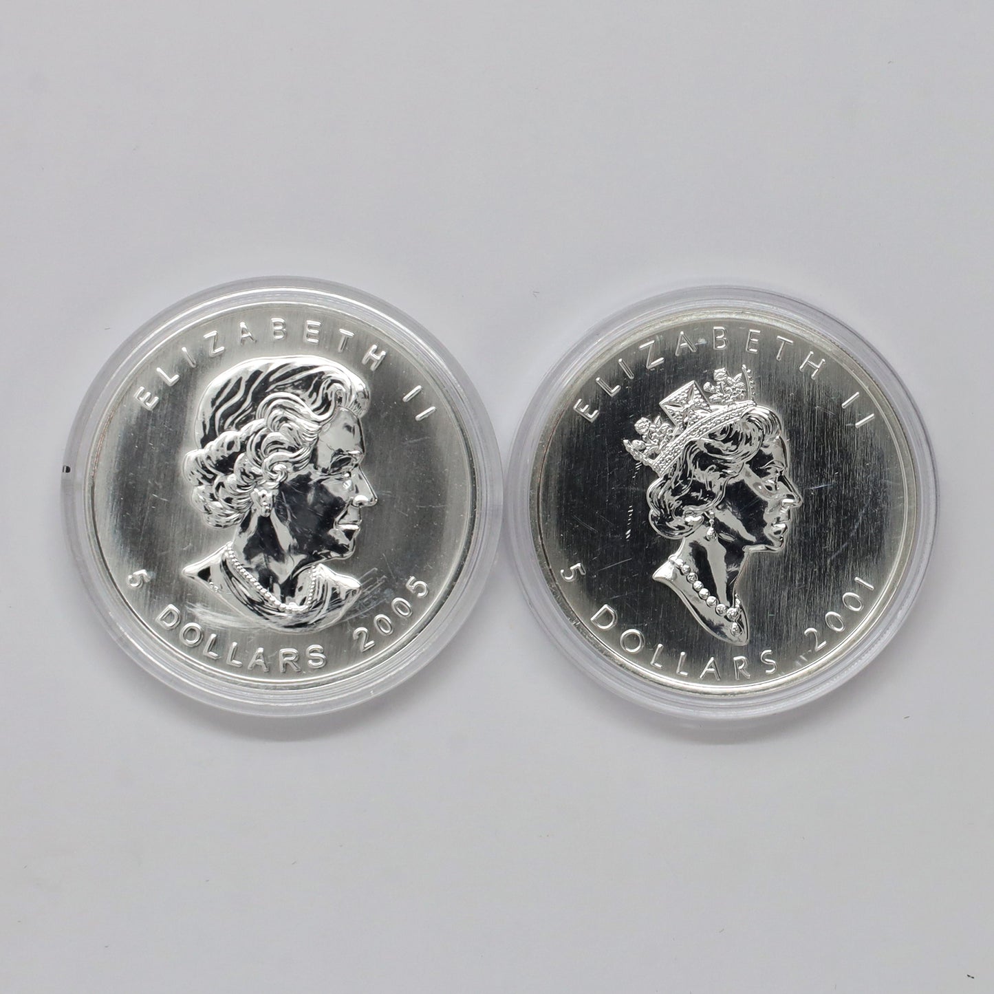 Pair of 2001 & 2005 Canada $5 Coloured Silver Maple, 2pcs (No Tax) Coins Only (scr. caps)