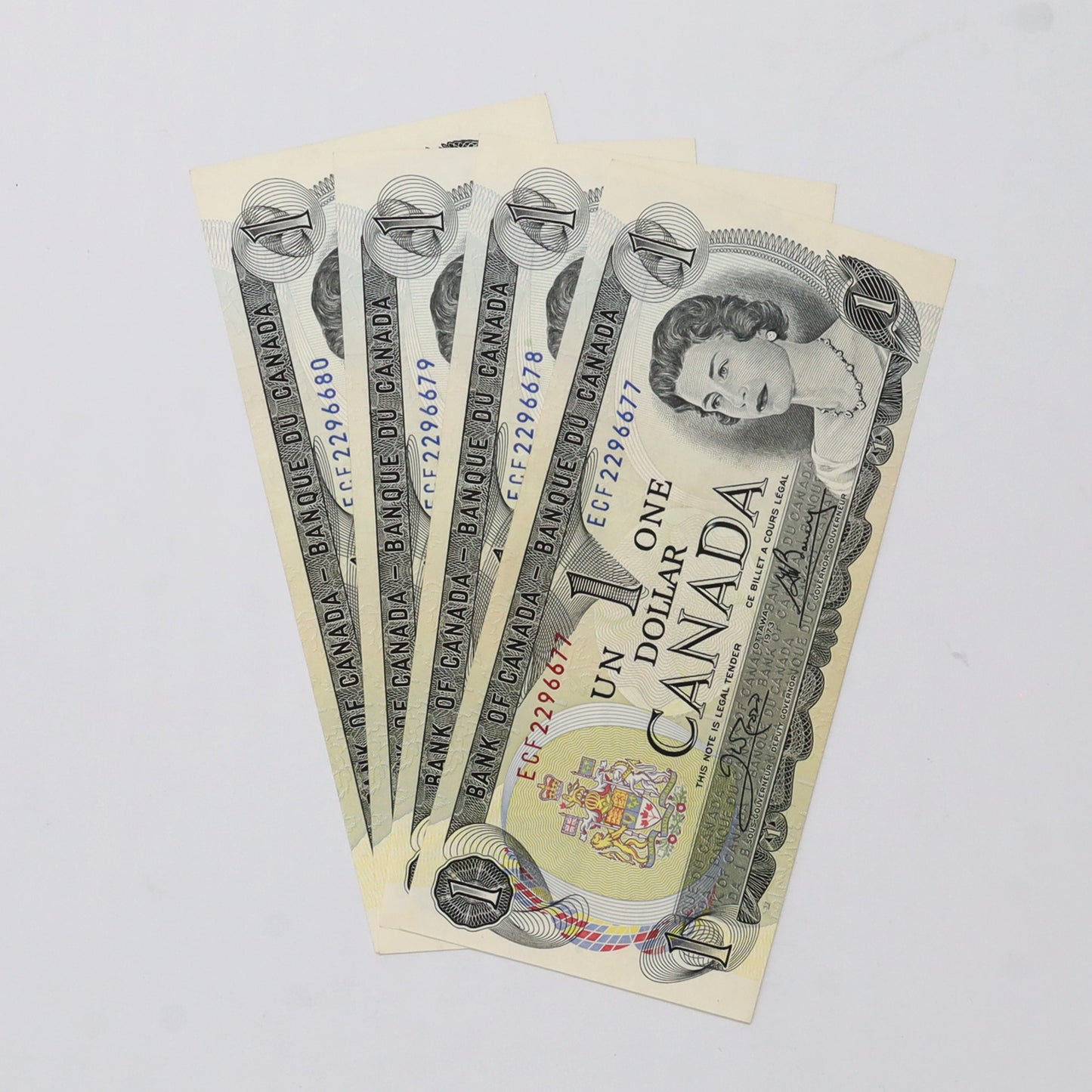 Lot of 4x Sequential 1973 Canada $1 Notes Crow-Bouey, 4pcs