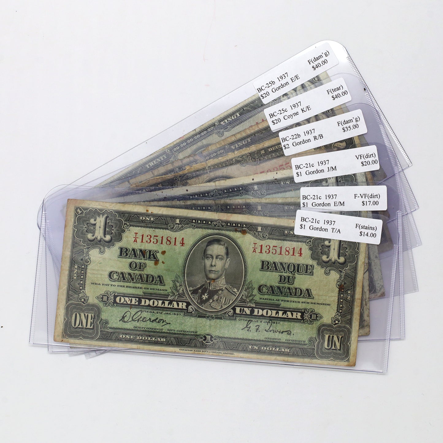 Lot of 6x 1937 Canada $1, $2, $20 Notes, Var. Prefixes & Sign. Combos, Fine to VF, 6pcs