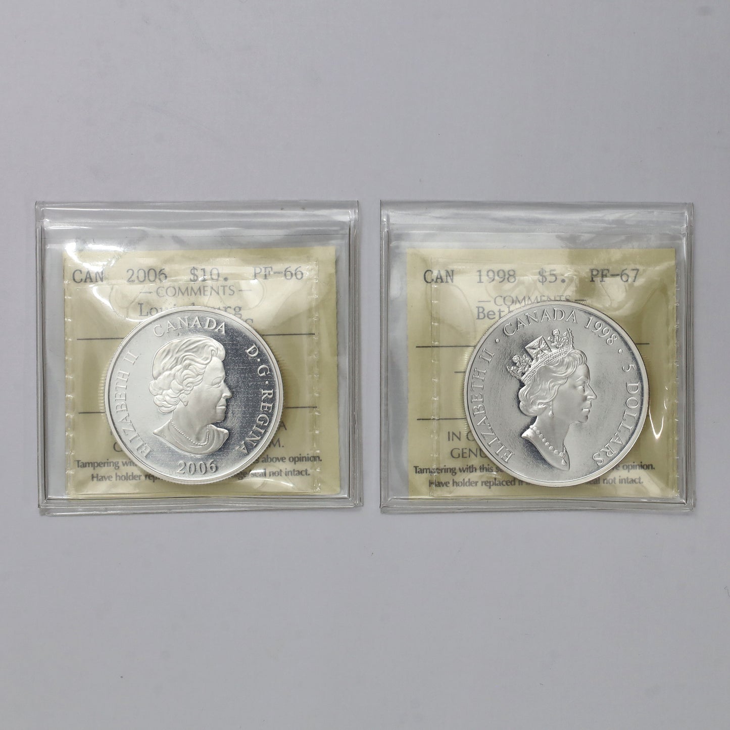 Pair of 1998 & 2001 Canada $5 & $10 History Silver ICCS Cert. PF66 & PF67 UHC (No Tax)