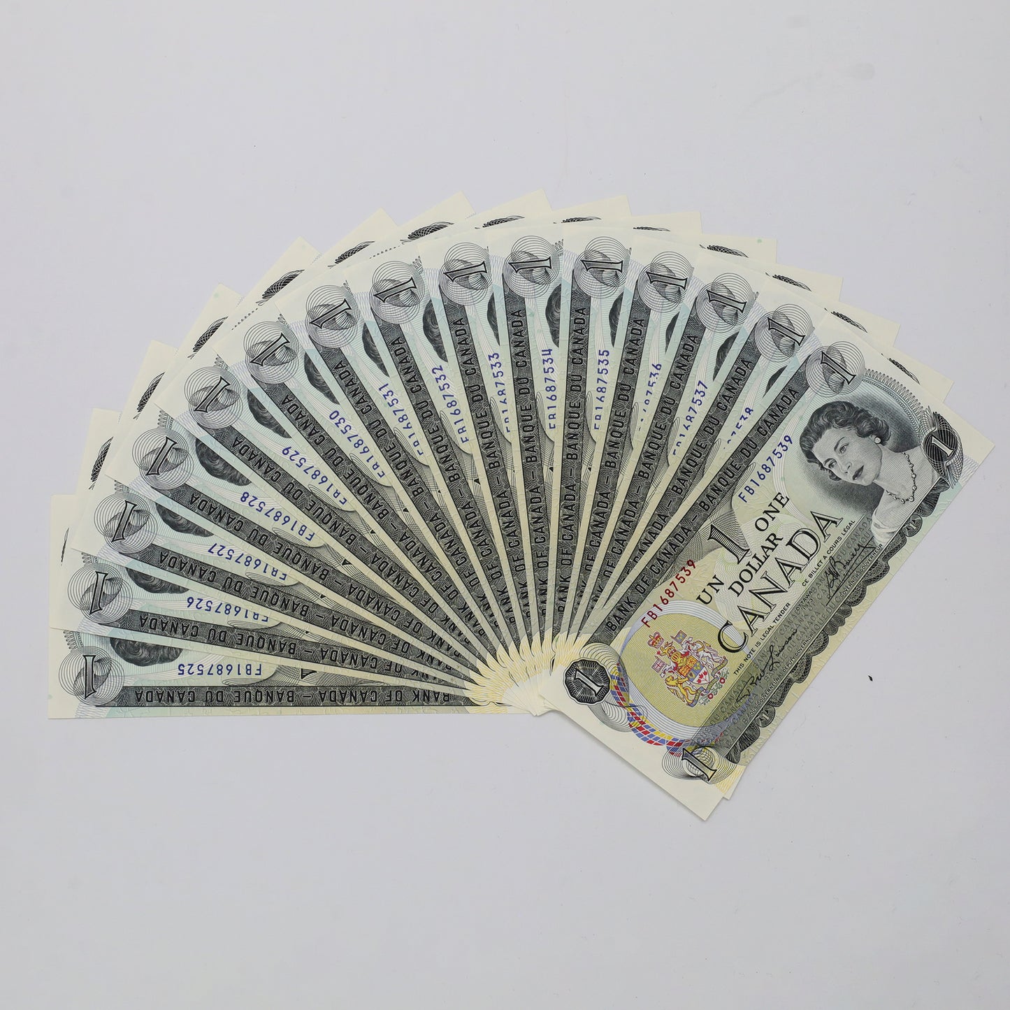 Lot of 15x Sequential 1973 Canada $1 Notes, Lawson-Bouey, Two Letter, FB, 15pcs