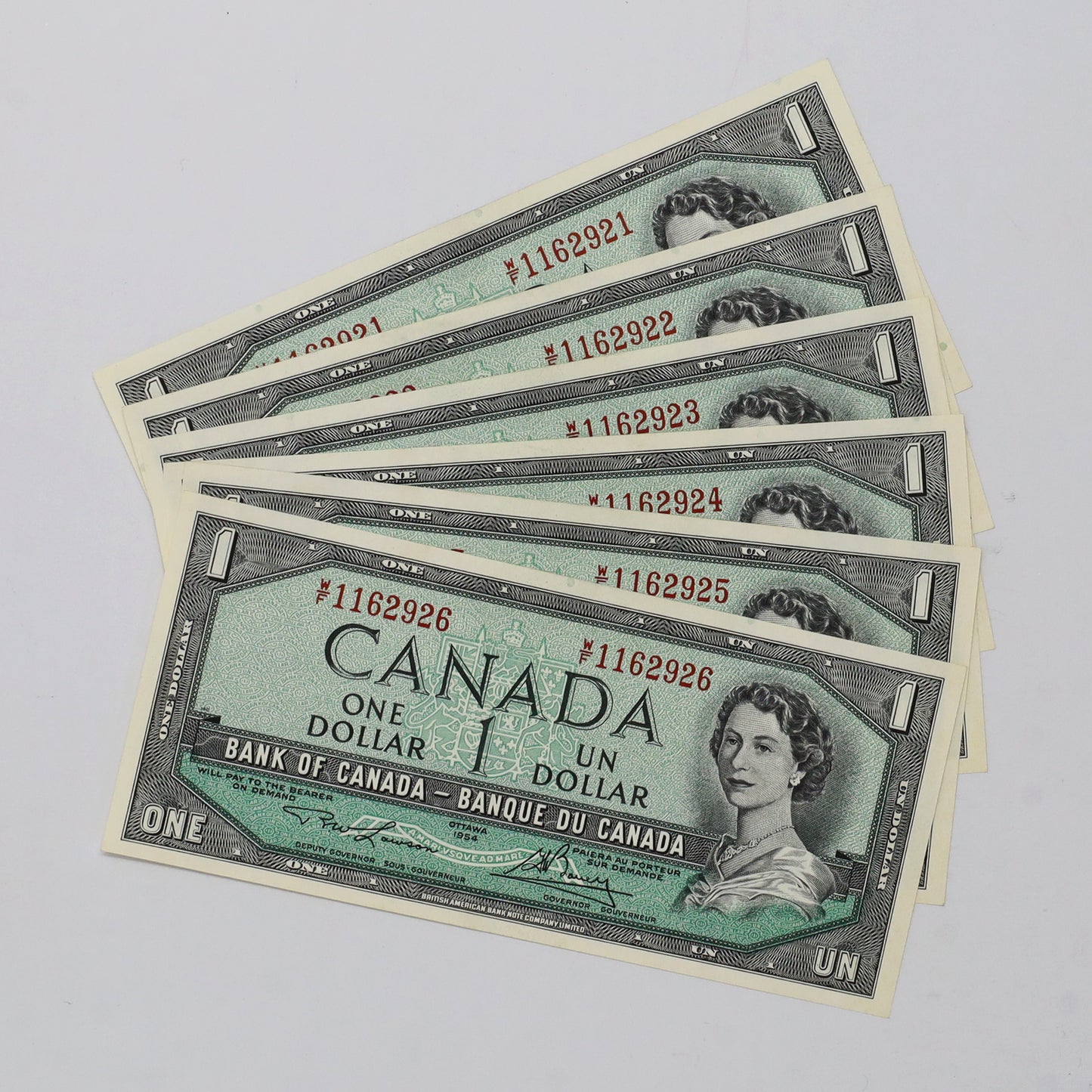Lot of 6x Sequential 1954 Canada $1 Notes, Lawson-Bouey, W/F, 6pcs