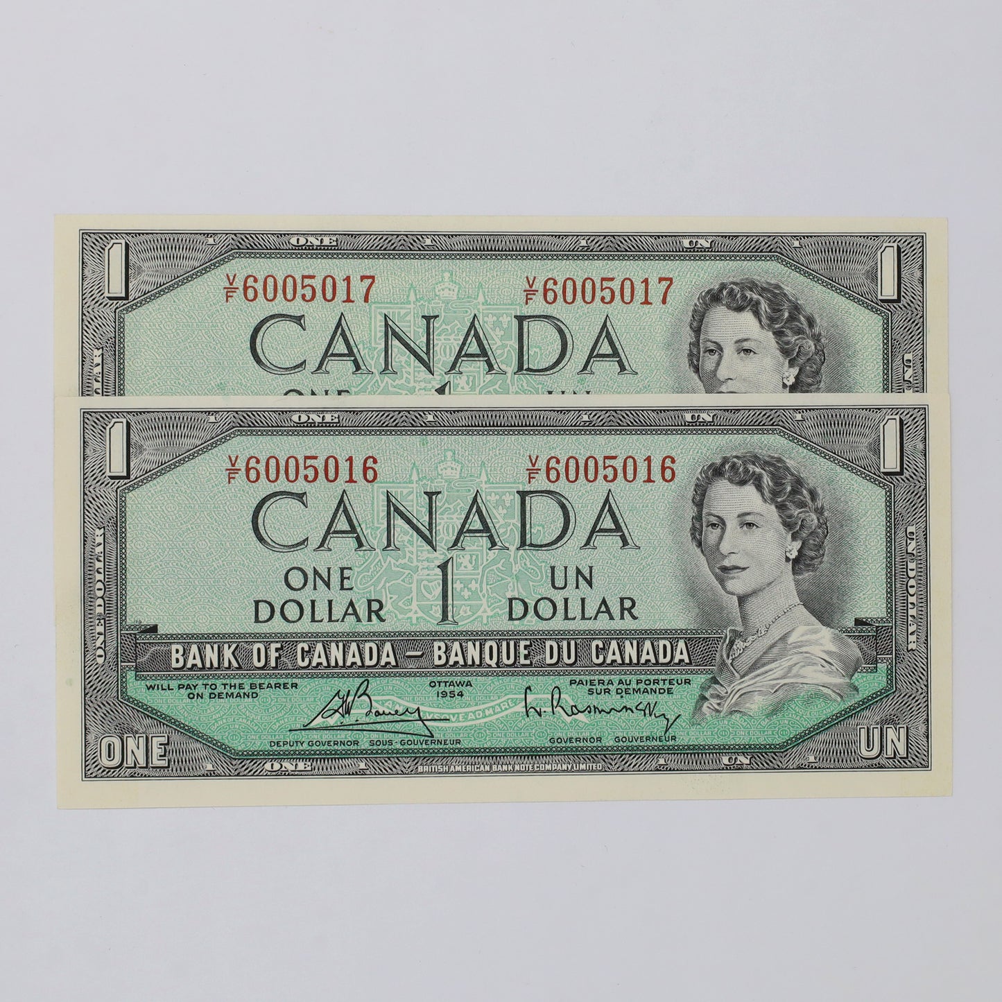 Pair of Sequential 1954 Canada $1 Bouey-Rasminsky Notes, V/F, 2pcs