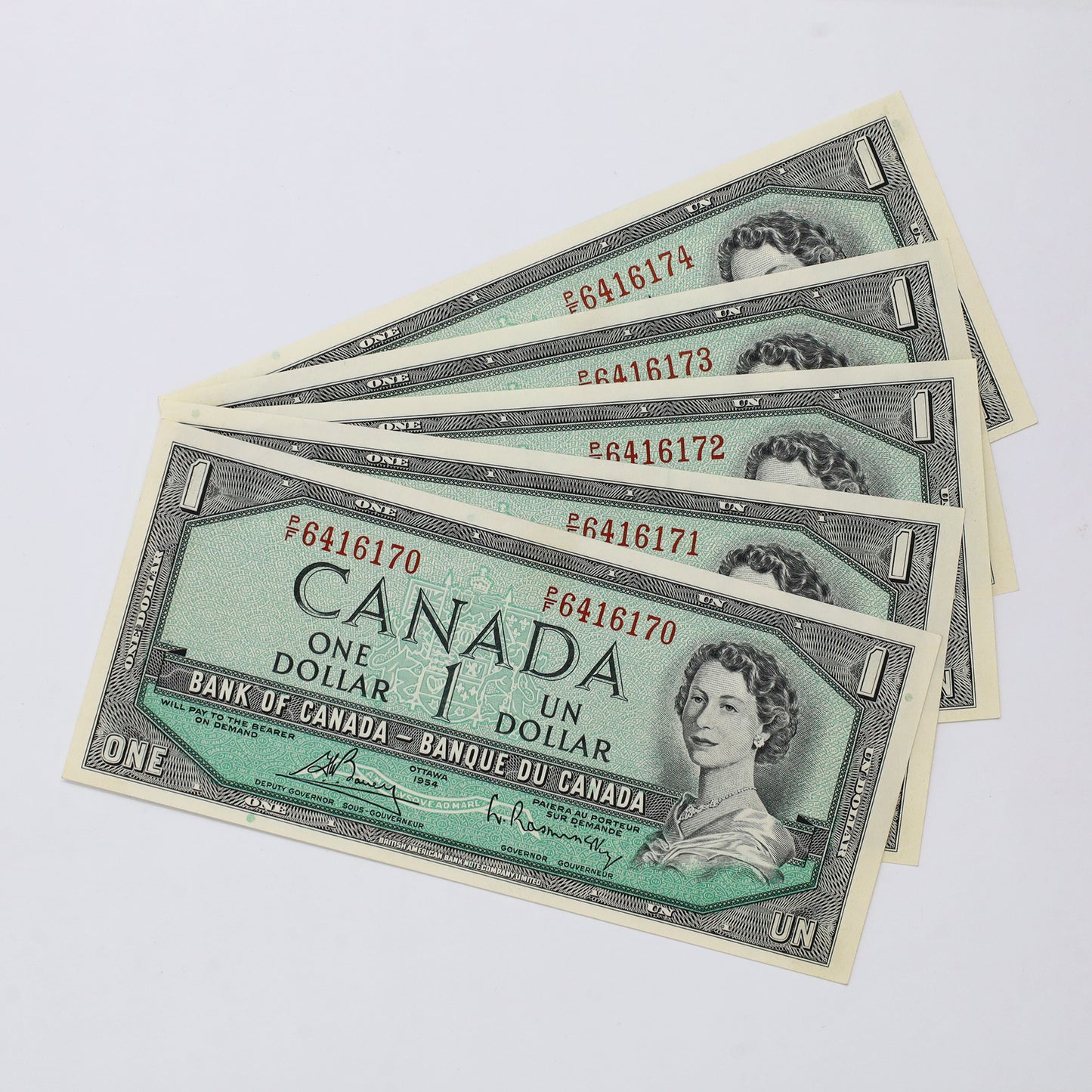 Lot of 5x Sequential 1954 Canada $1 Notes, Bouey-Rasminsky, P/F, 5pcs