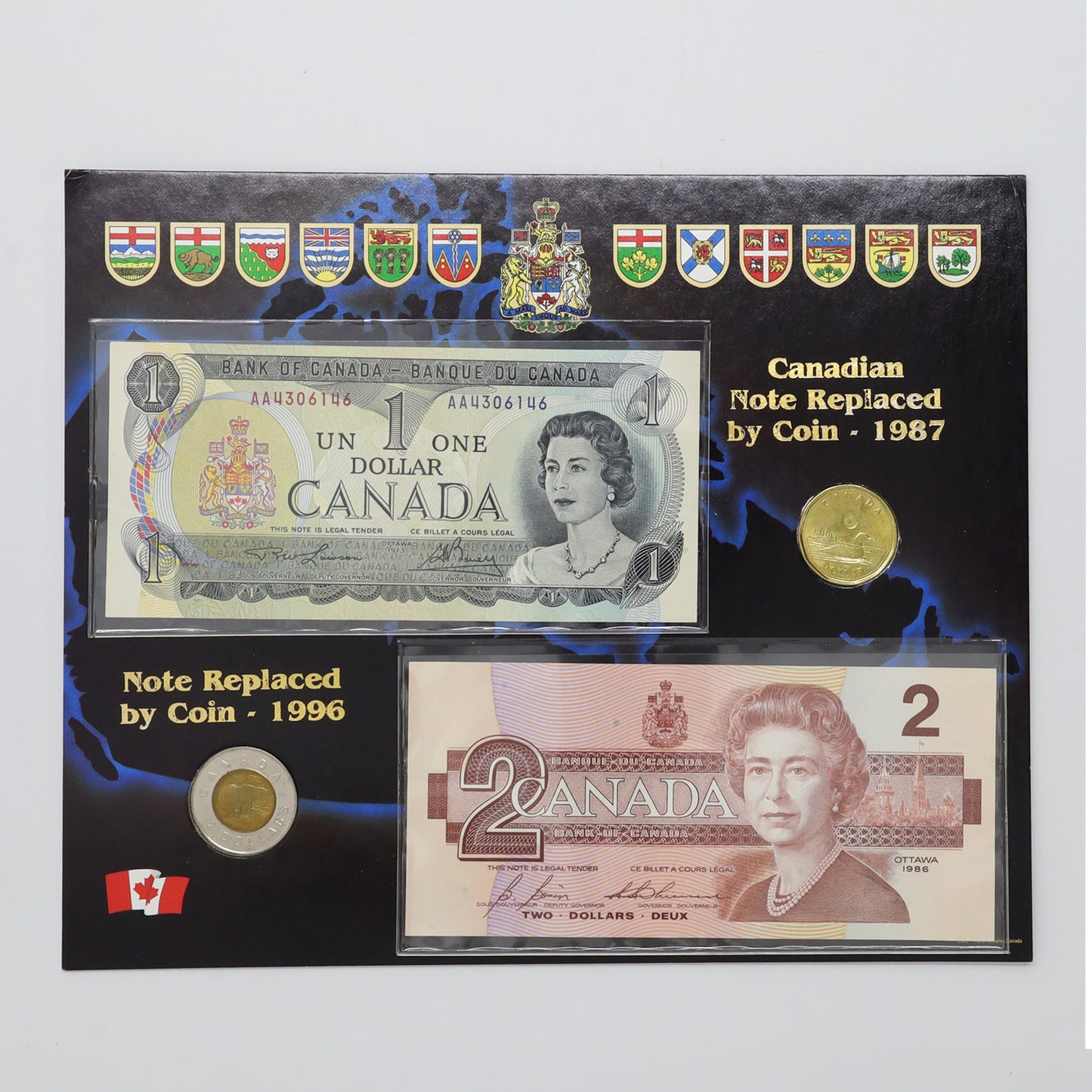 c.2018 Canada "Note Replaced by Coin" $1/$2 Coin & Banknote Set (light wear)