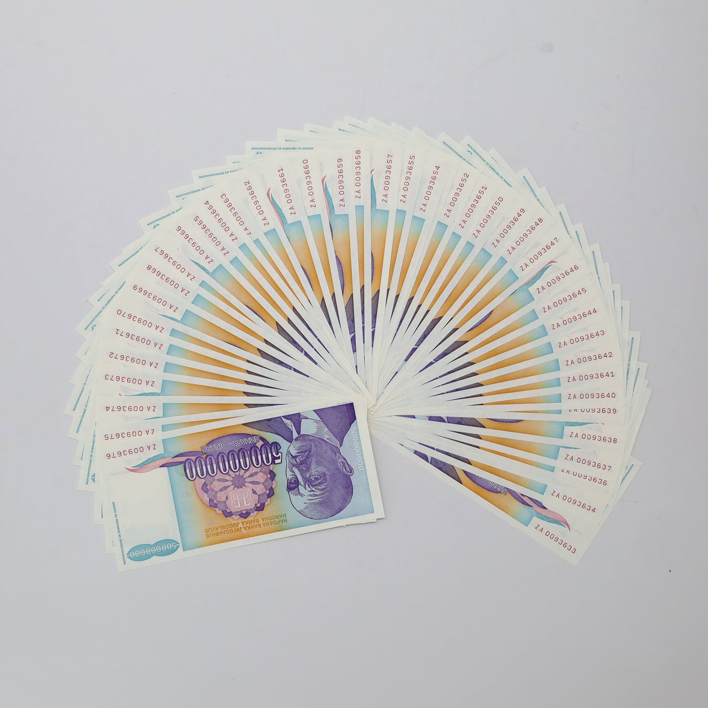Lot of 44x 1993 Sequential Yugoslavia 500,000,000 Dinara Banknotes, 44pcs