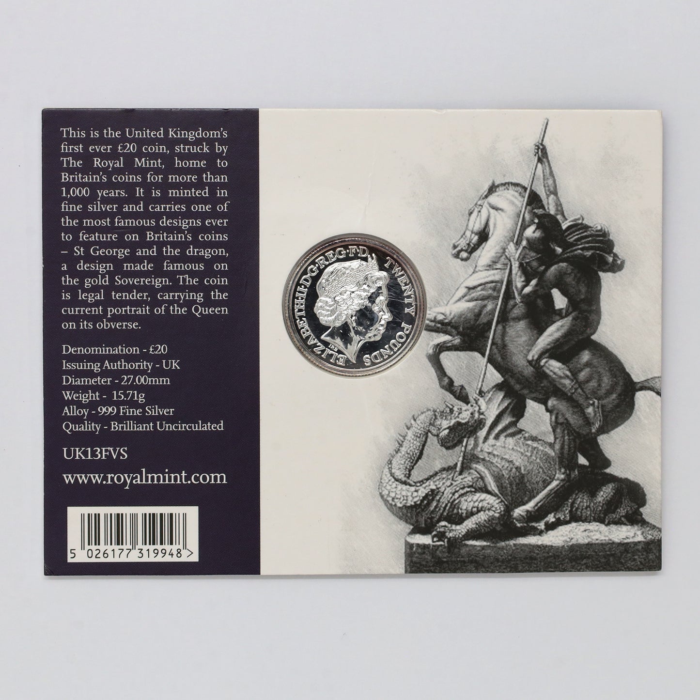 United Kingdom 2013 20 Pounds St. George & Dragon Fine Silver Coin (No Tax) creased