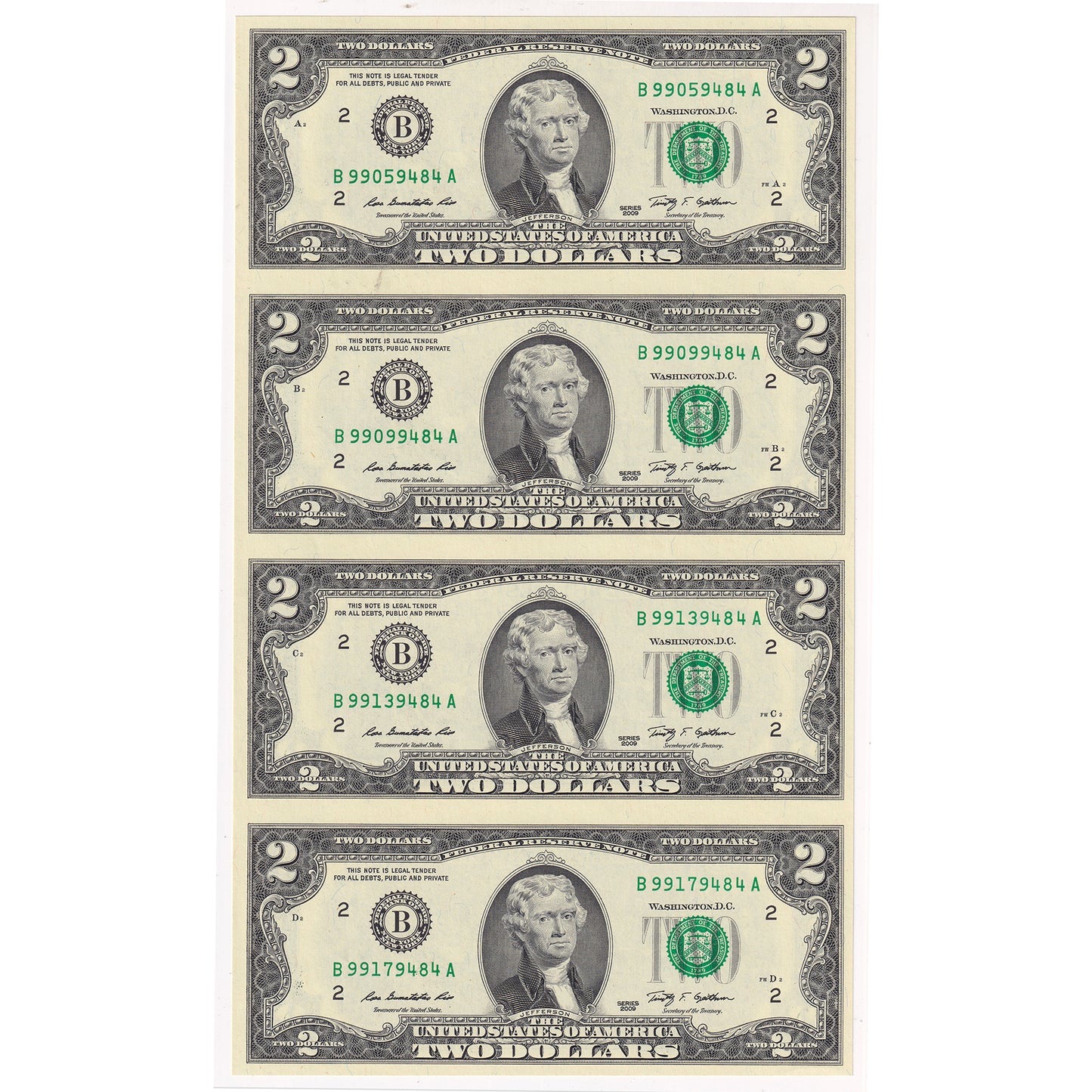 2009 USA $2 Uncut Sheet of 4 Notes in World Reserve Monetary Exchange Folder (scuffed)