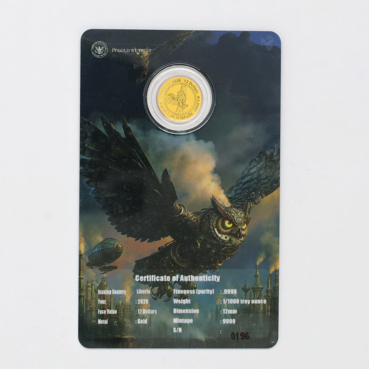 Liberia 2026 $12 Steampunk Mech Owl 1/1000 oz. .9999 Gold Round in Card (No Tax) scuffs